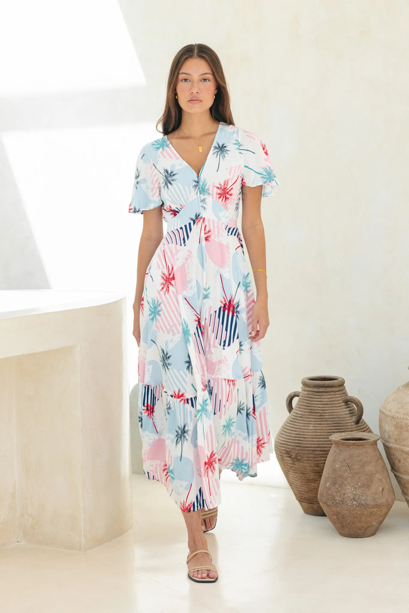 Maluhia Blue Tropical V-Neck Midi Dress