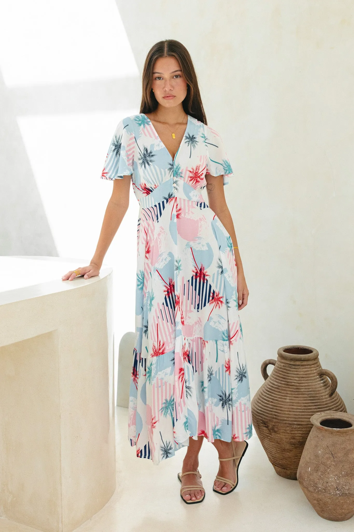 Maluhia Blue Tropical V-Neck Midi Dress