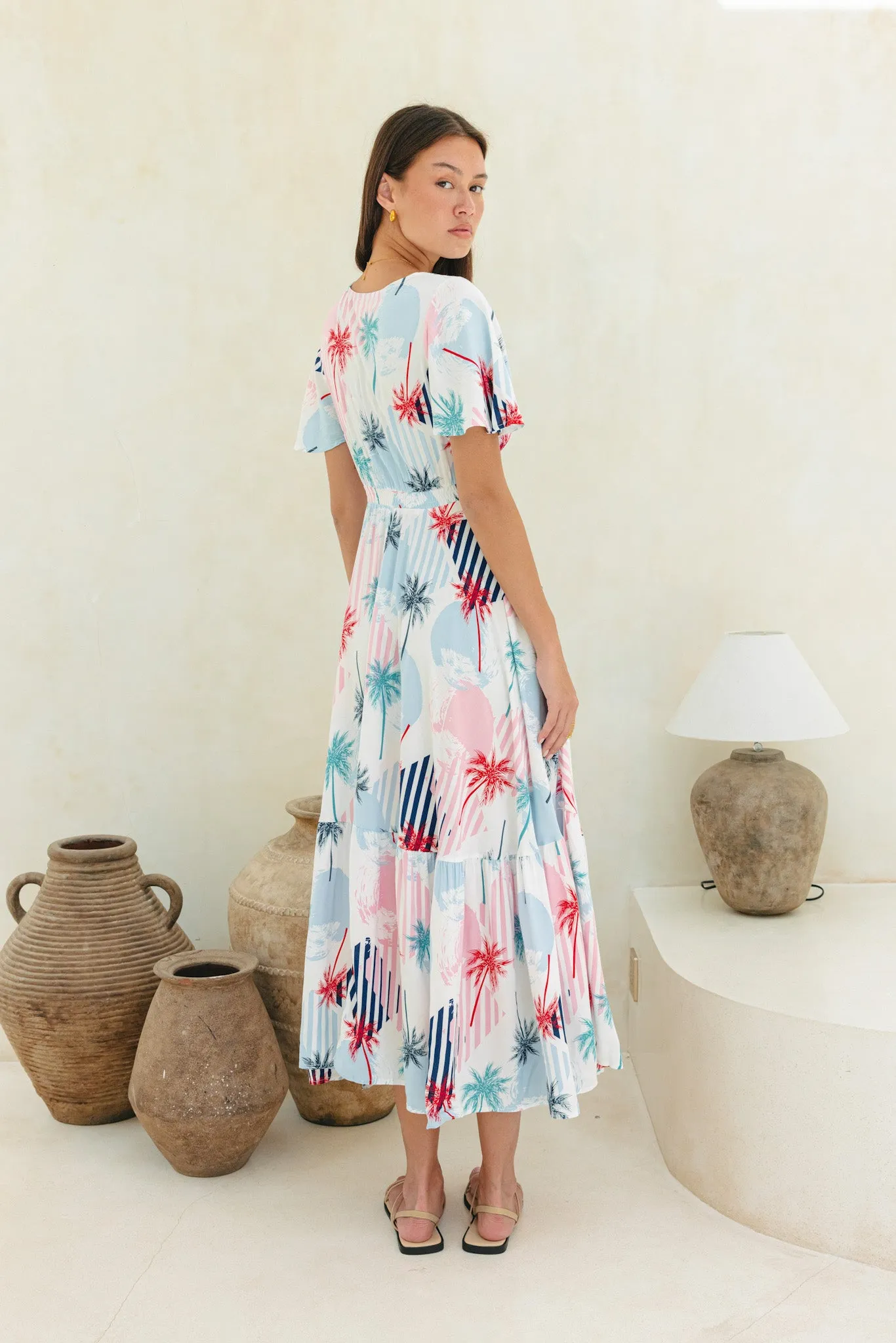 Maluhia Blue Tropical V-Neck Midi Dress