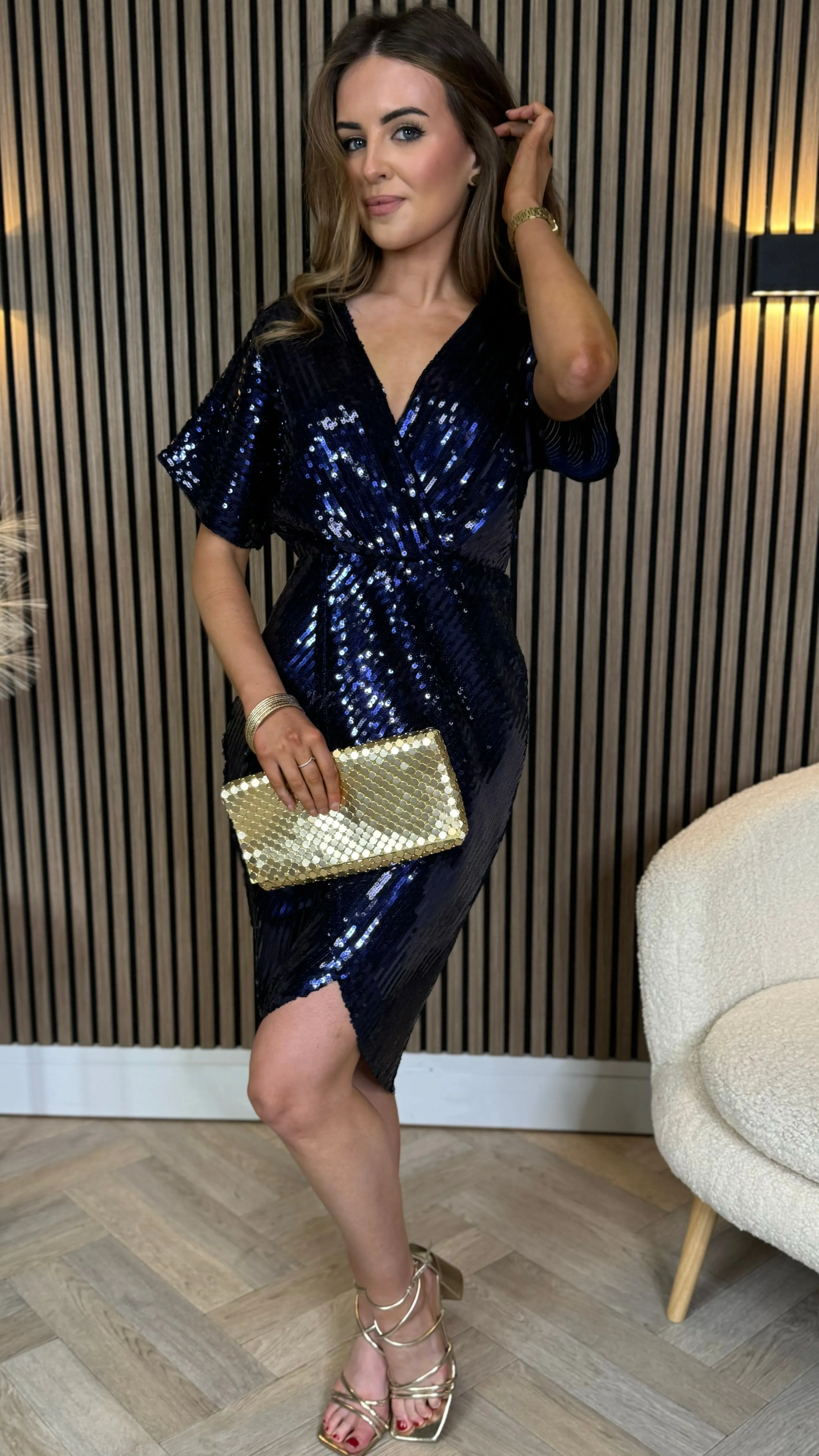 Marianna Navy Sequin Wrap Detail Midi Dress