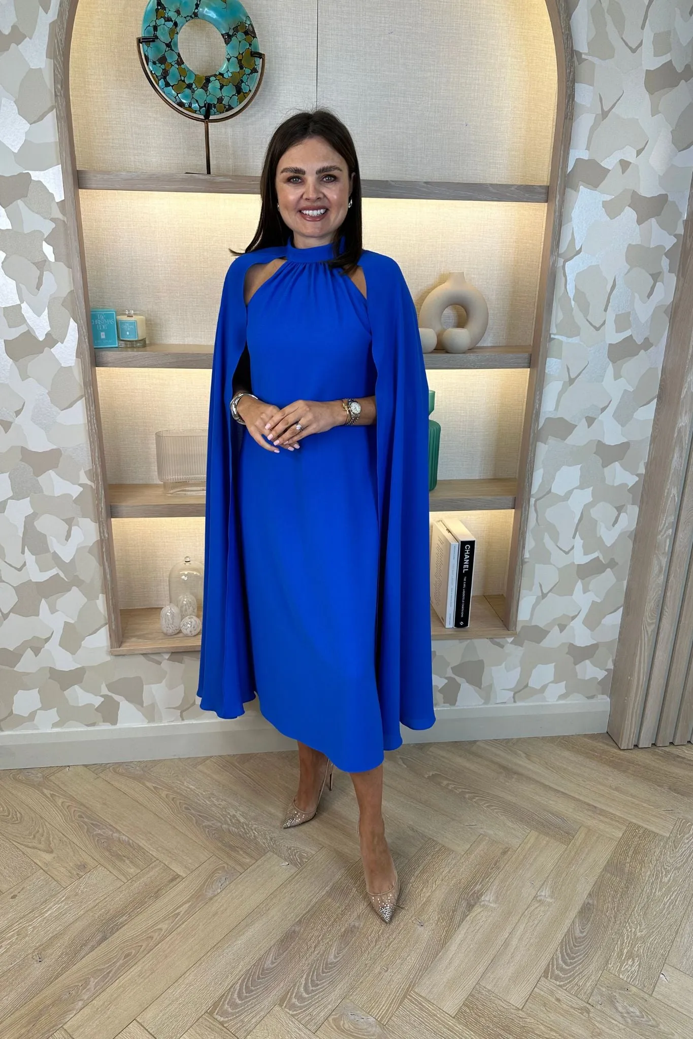 Marissa Cape Overlay Dress In Blue