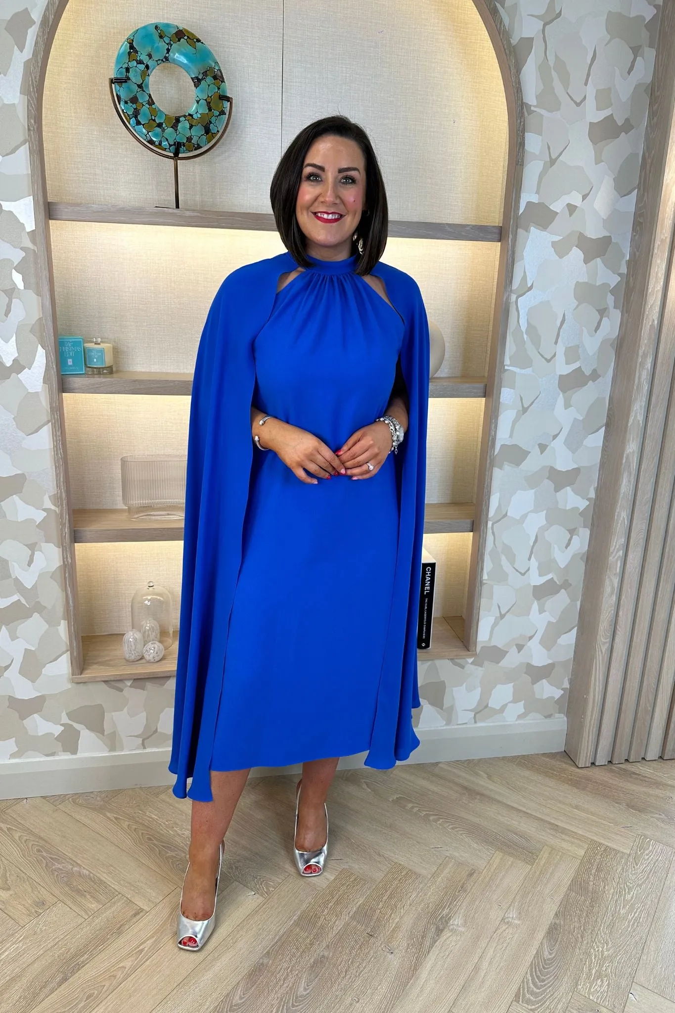 Marissa Cape Overlay Dress In Blue