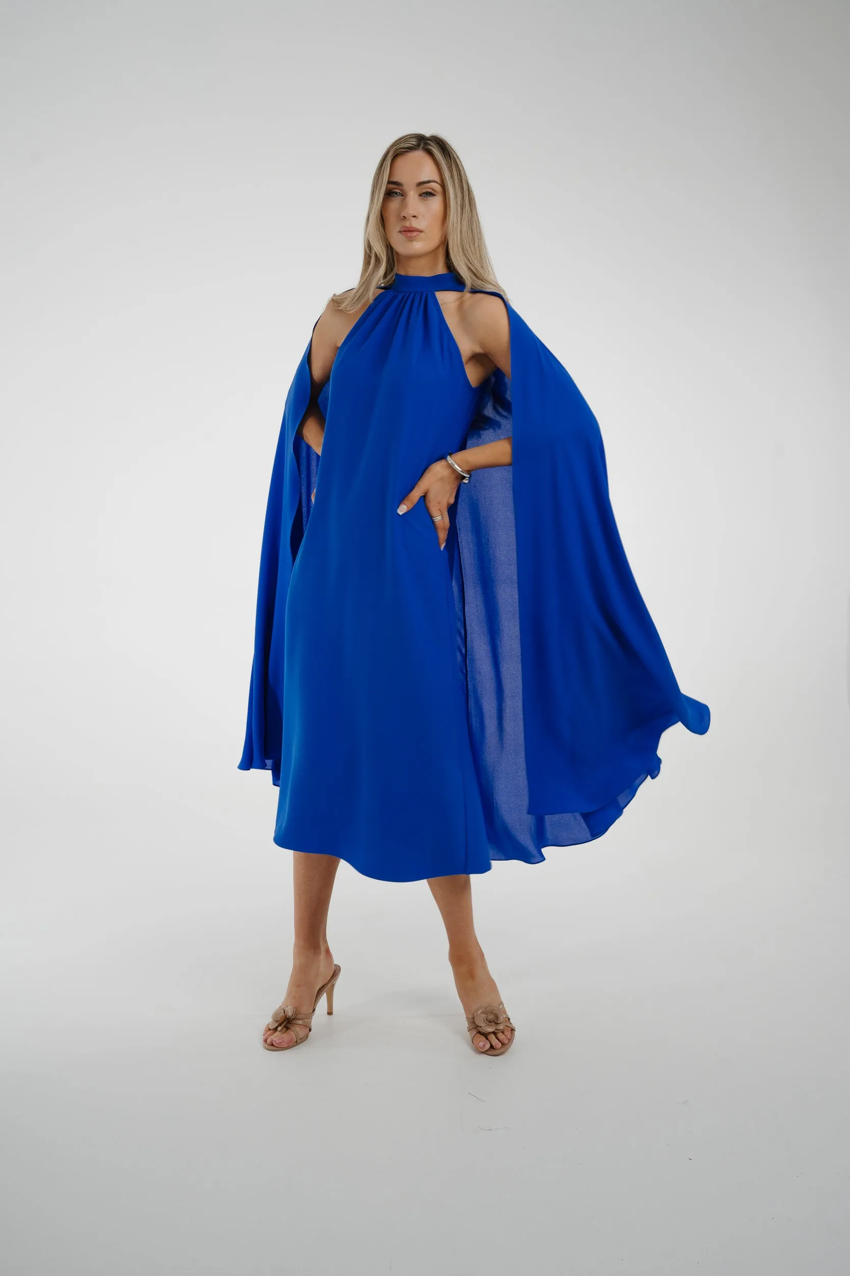 Marissa Cape Overlay Dress In Blue