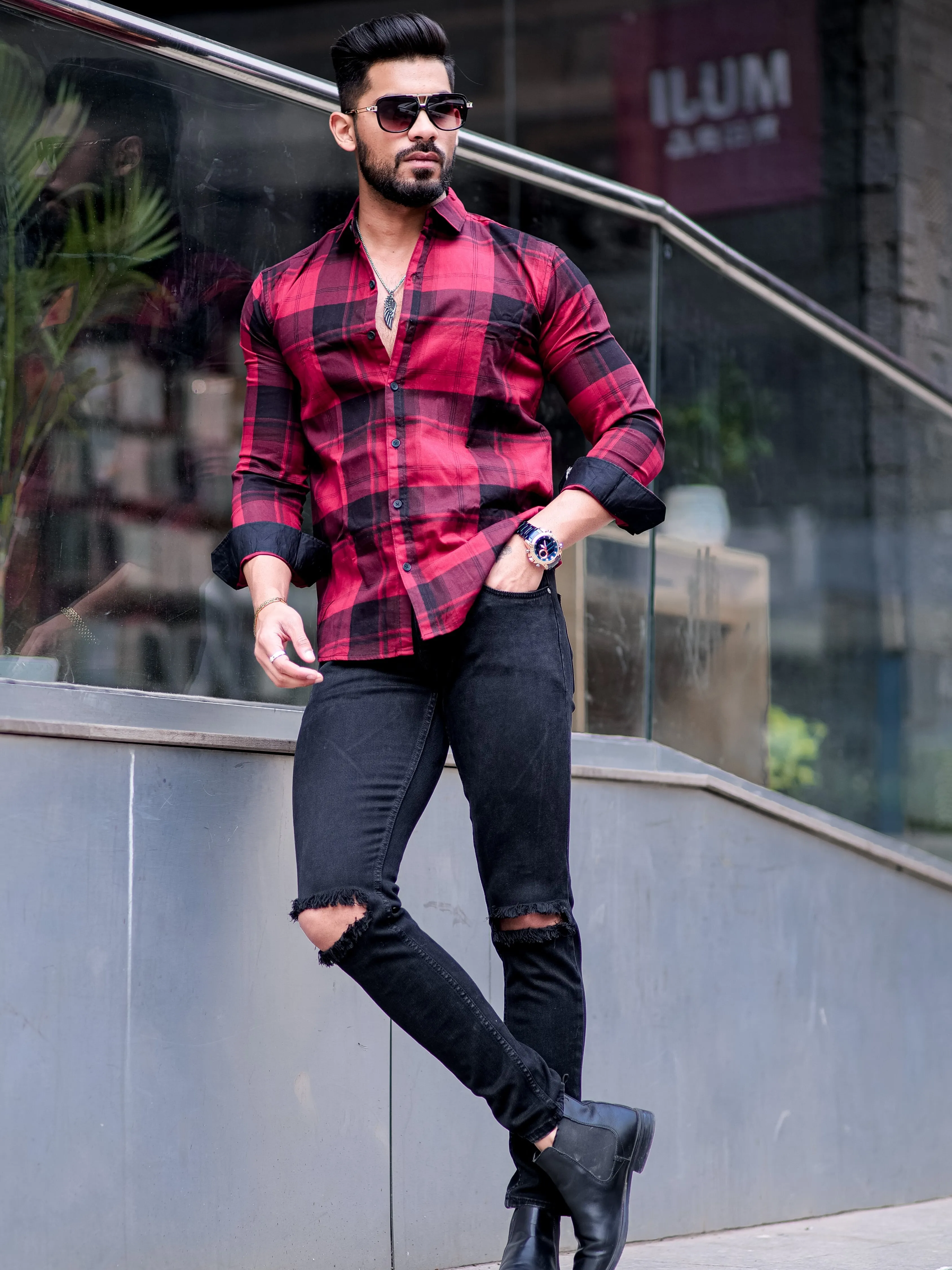 Maroon Checkered Cotton Shirt