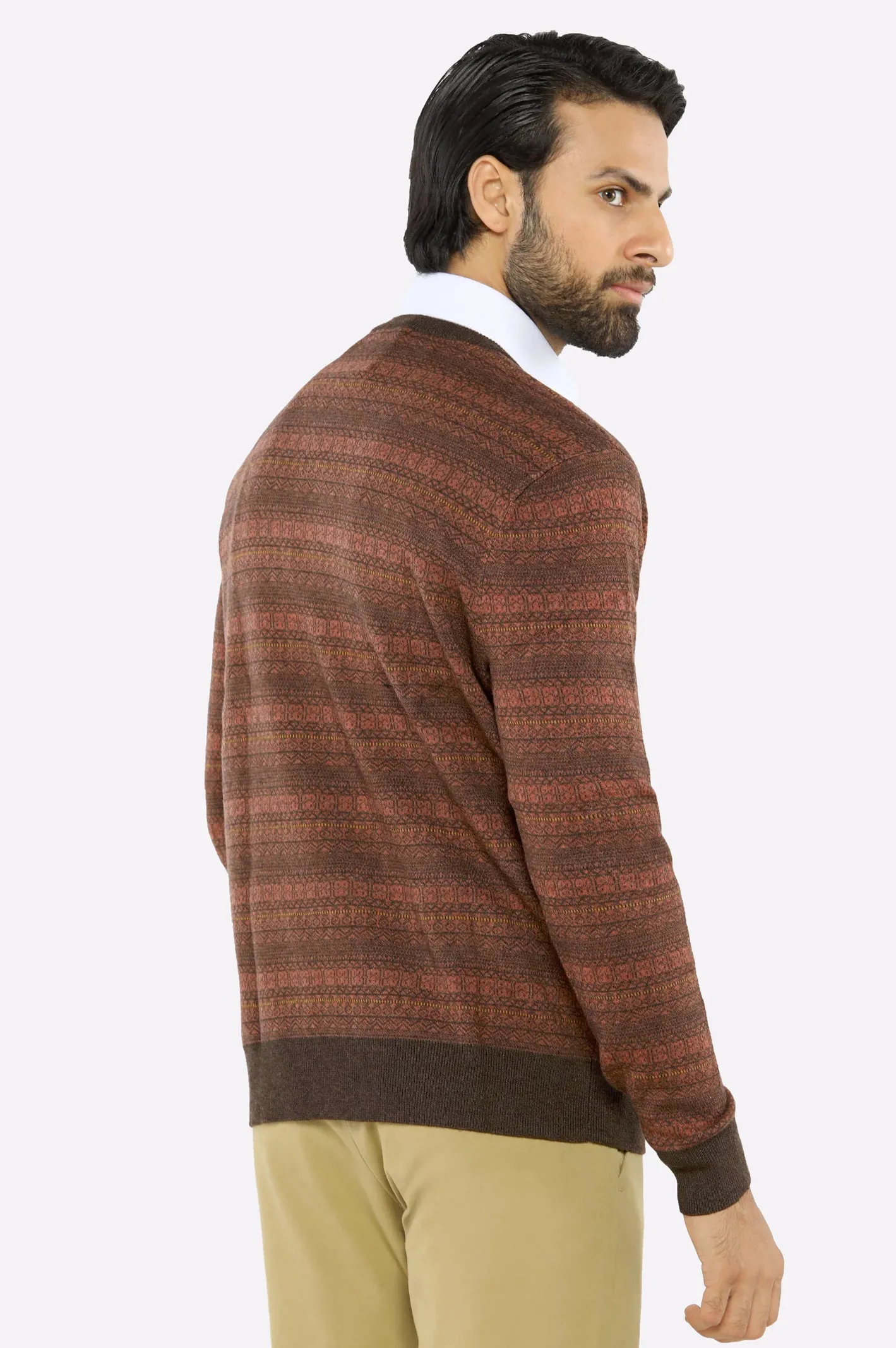 Men V-neck Multi Brown Sleeves Sweater