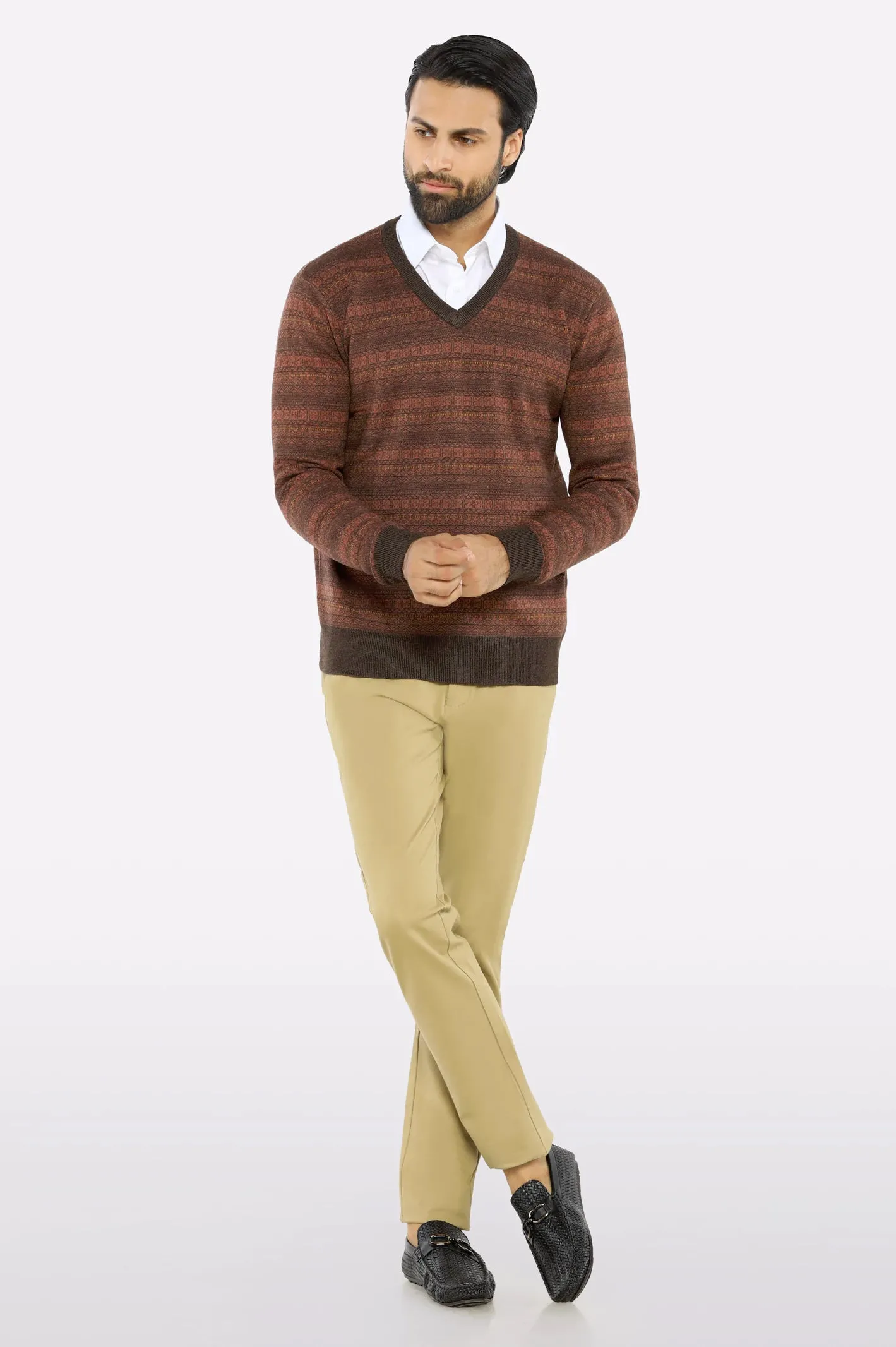 Men V-neck Multi Brown Sleeves Sweater