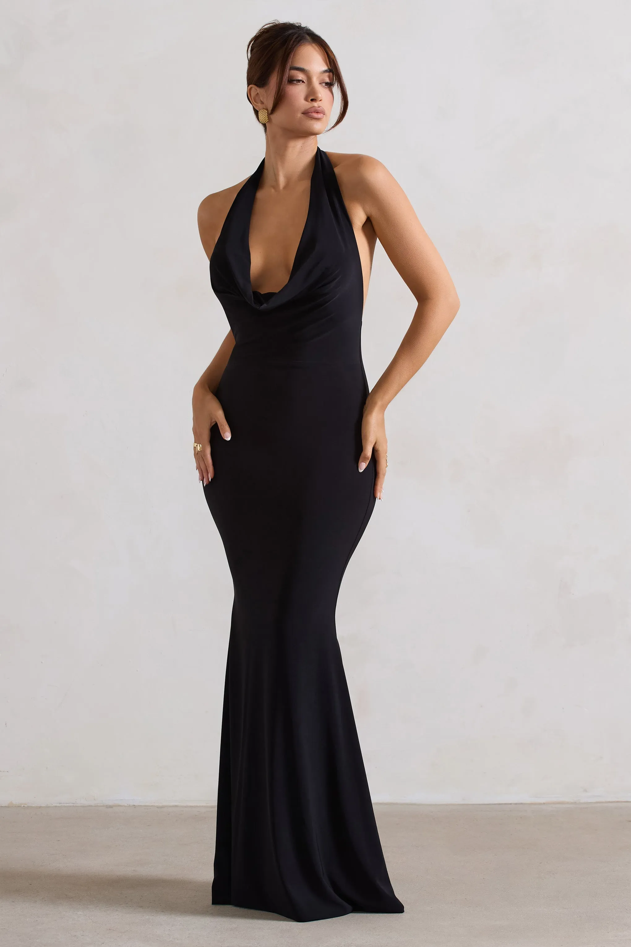 Milani | Black Backless Cowl Neck Fishtail Maxi Dress