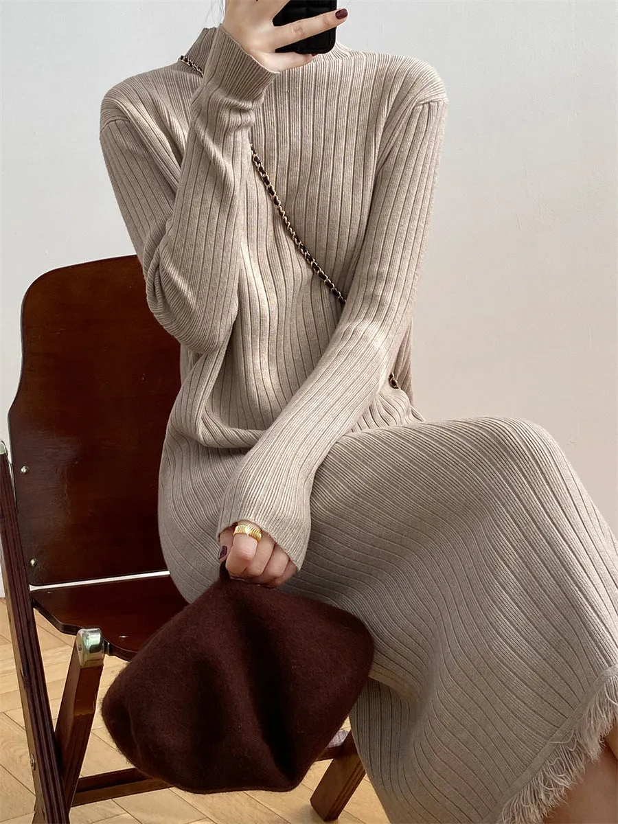 Mock Neck Sweater Mid-length Tassel Knitted Dress