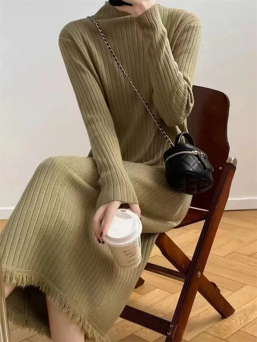 Mock Neck Sweater Mid-length Tassel Knitted Dress