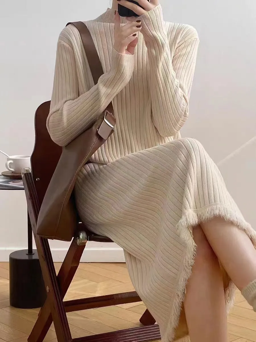 Mock Neck Sweater Mid-length Tassel Knitted Dress