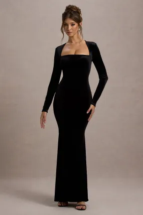 Morana | Black Velvet Square-Neck Long-Sleeve Maxi Dress