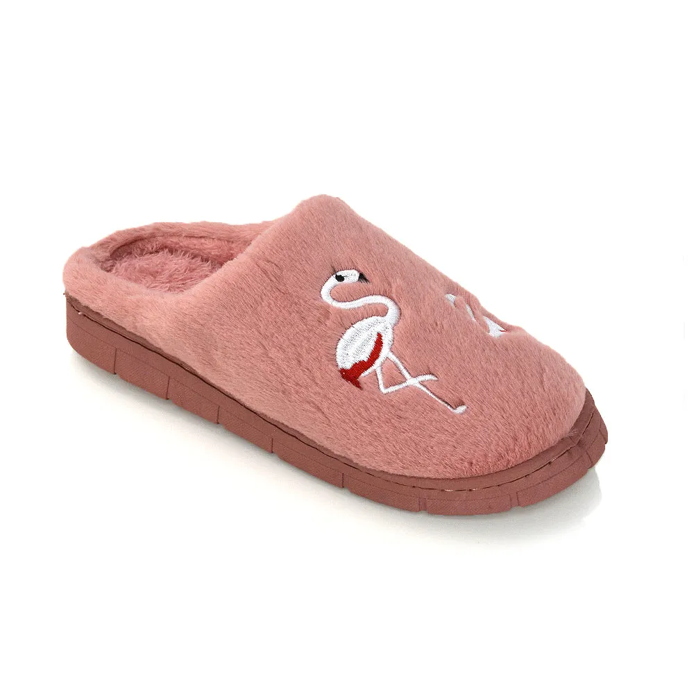 Morgan Faux Fur Fluffy Flat Cosy Flamingo Embellished Slipper Mules in Grey