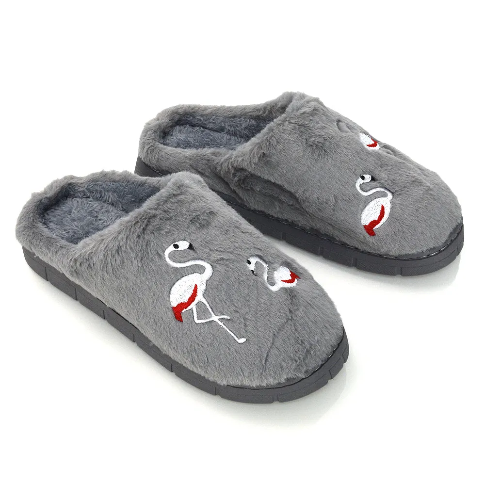 Morgan Faux Fur Fluffy Flat Cosy Flamingo Embellished Slipper Mules in Grey