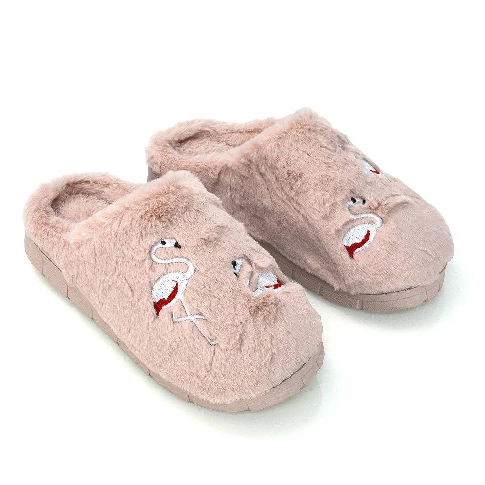 Morgan Faux Fur Fluffy Flat Cosy Flamingo Embellished Slipper Mules in Grey