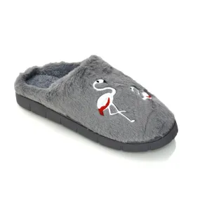 Morgan Faux Fur Fluffy Flat Cosy Flamingo Embellished Slipper Mules in Grey