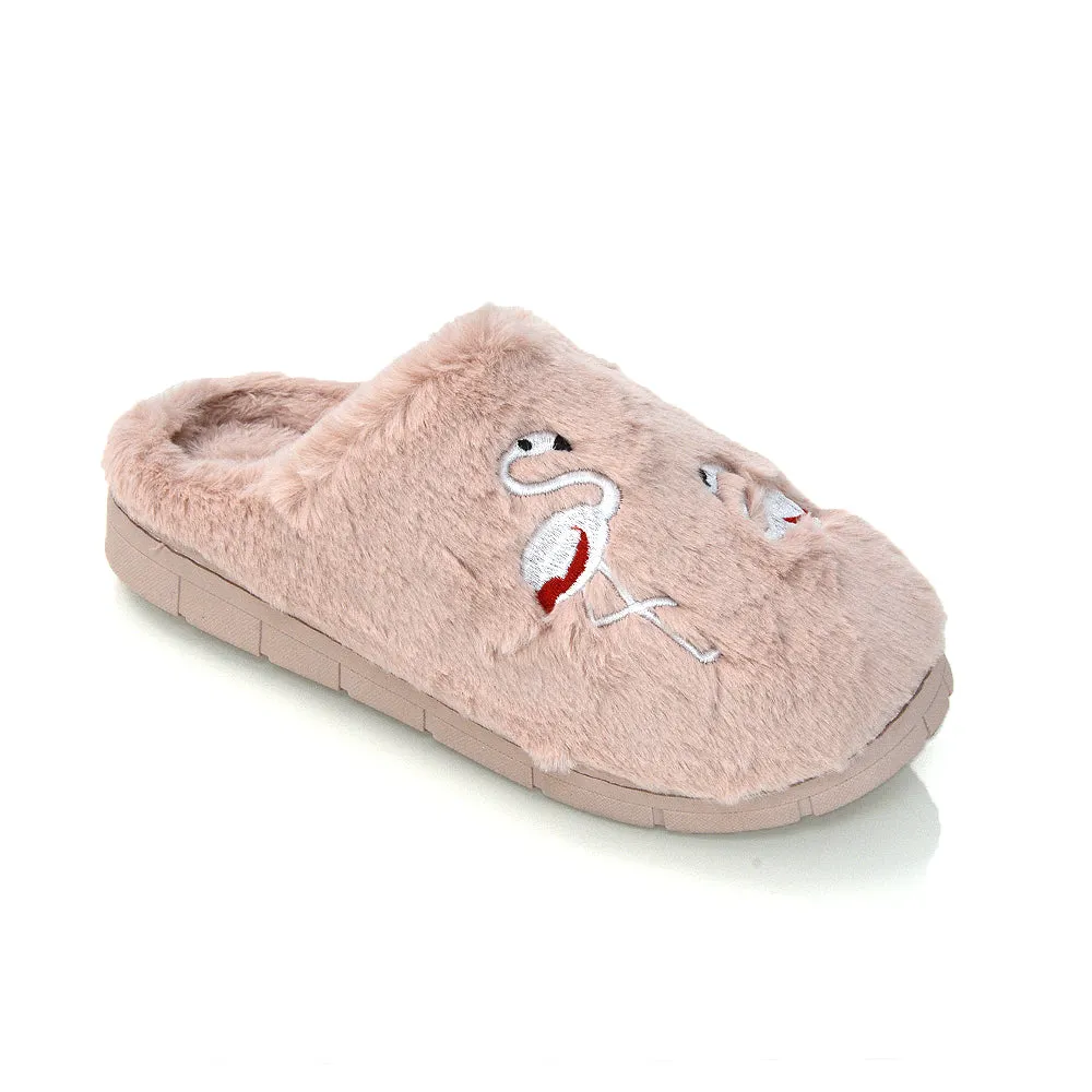 Morgan Faux Fur Fluffy Flat Cosy Flamingo Embellished Slipper Mules in Grey