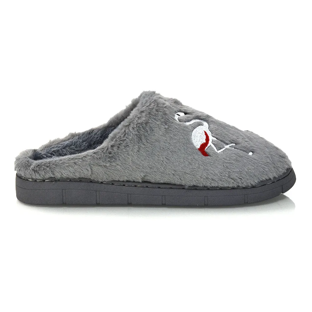 Morgan Faux Fur Fluffy Flat Cosy Flamingo Embellished Slipper Mules in Grey