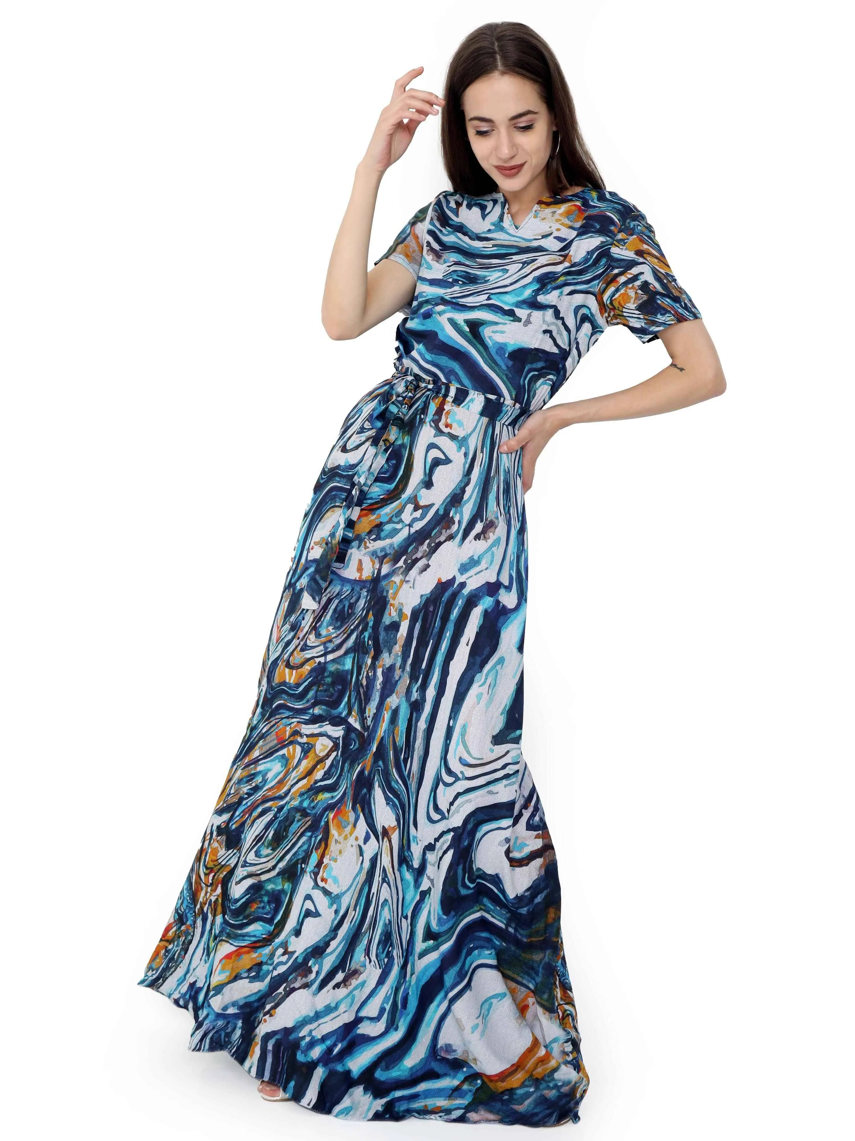 Multicolored Digital Print Fit & Flare Maxi Dress