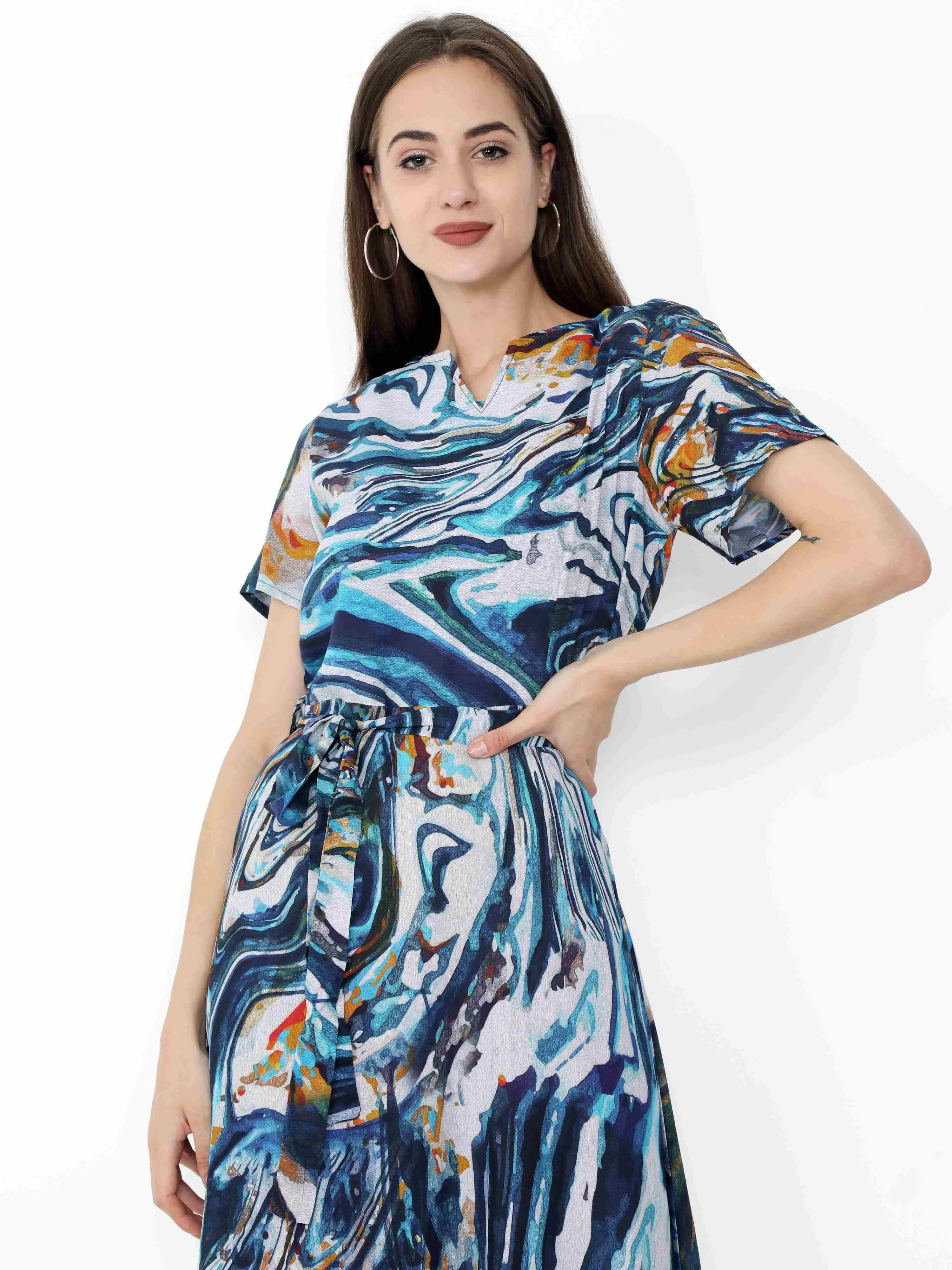 Multicolored Digital Print Fit & Flare Maxi Dress