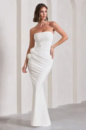 My Muse | White Ruched Bandeau Split Maxi Dress With Flowers