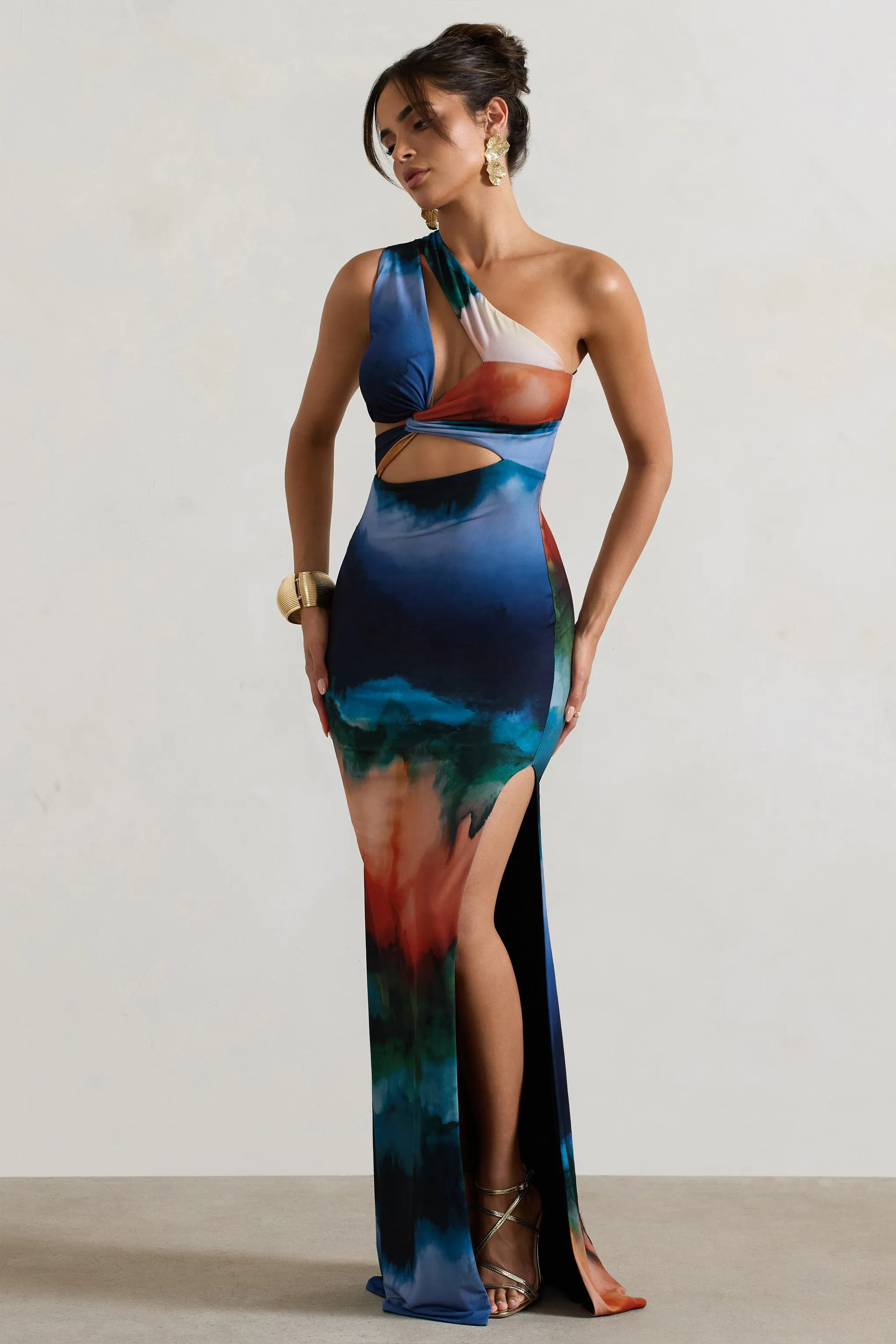 Mykonos | Multi Blur Print Asymmetric Cut-Out Split Maxi Dress