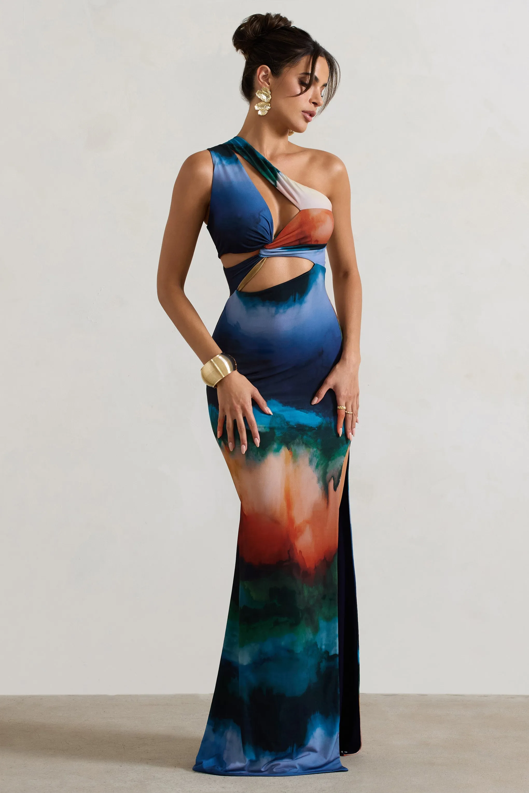 Mykonos | Multi Blur Print Asymmetric Cut-Out Split Maxi Dress