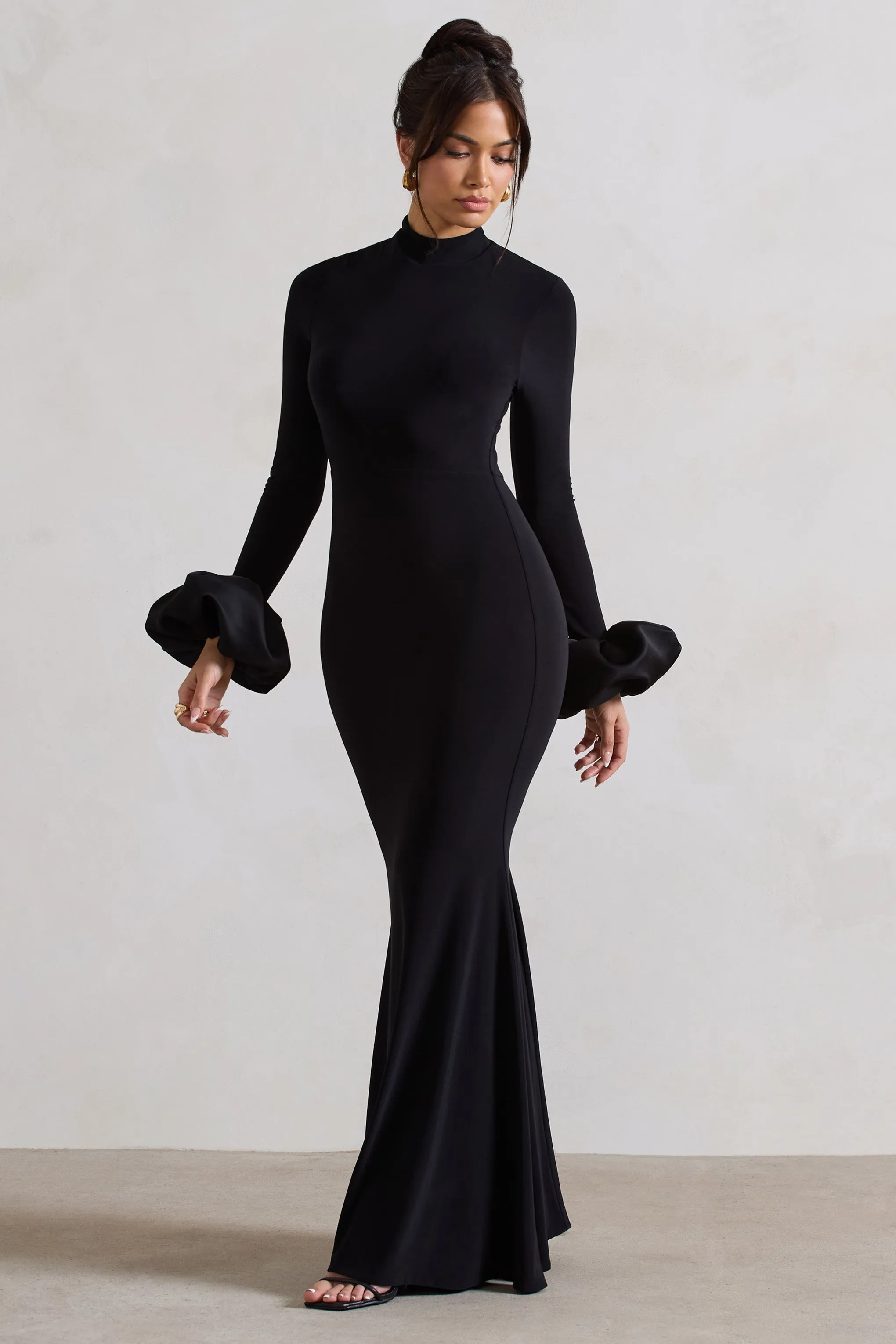 Mystic | Black High-Neck Maxi Dress With Satin Cuffs