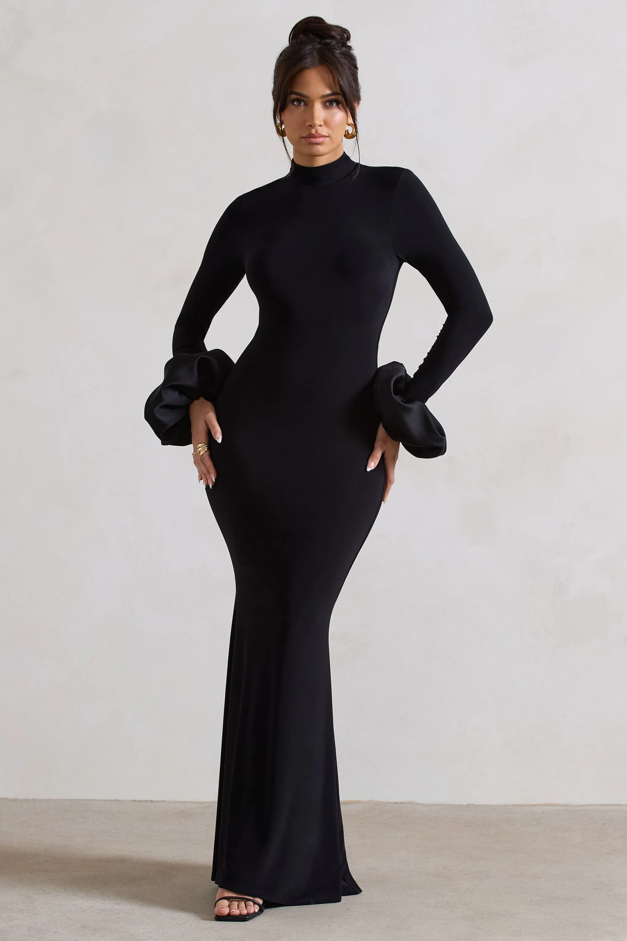 Mystic | Black High-Neck Maxi Dress With Satin Cuffs