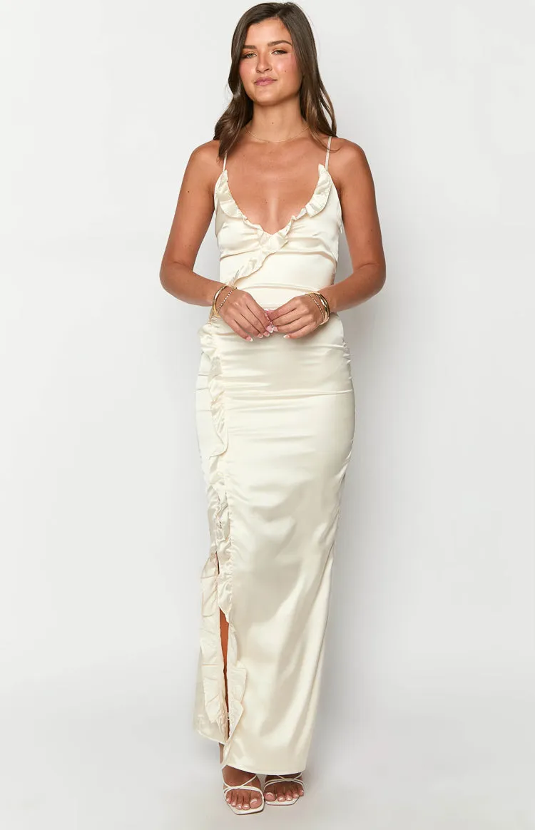 Nahanee Cream Satin Ruffle Maxi Dress