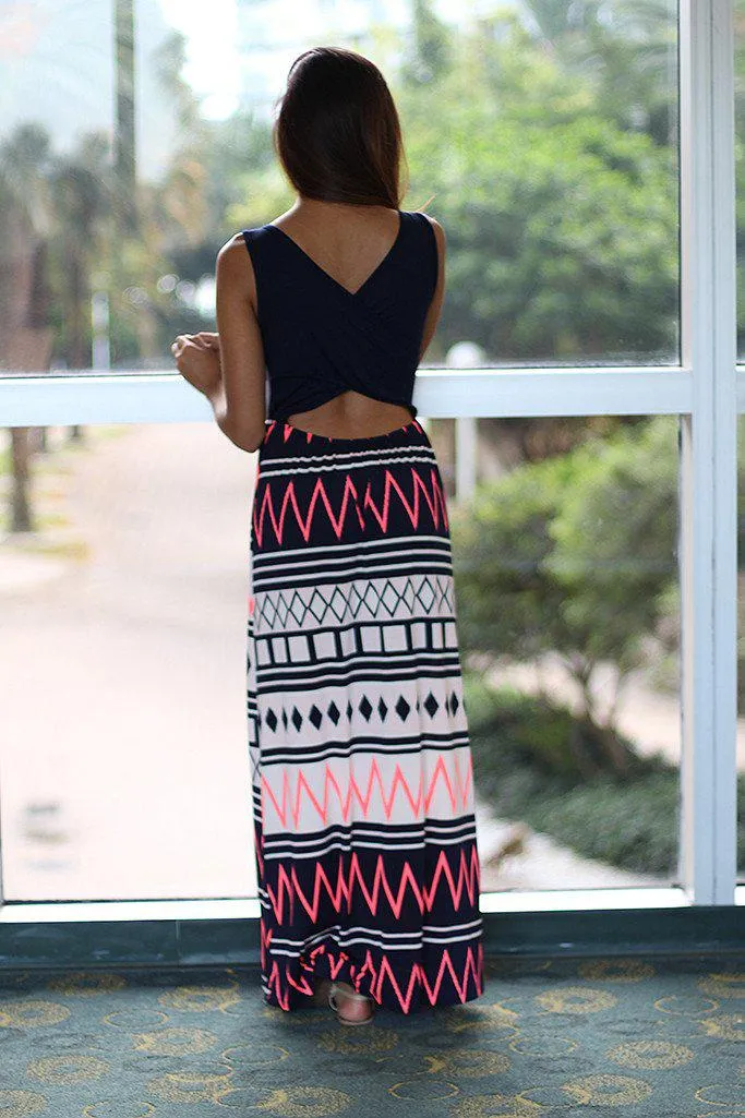 Navy And Neon Pink Maxi Dress With Criss Cross Back