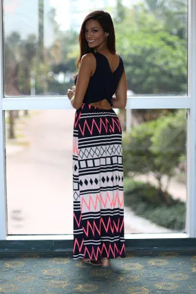 Navy And Neon Pink Maxi Dress With Criss Cross Back