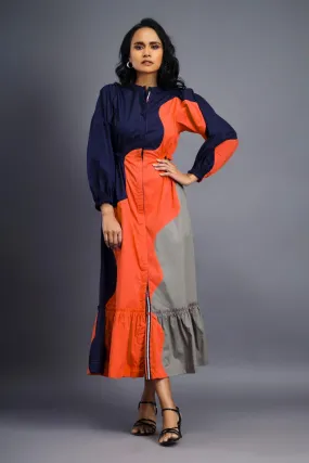 NAVY BLUE ORANGE MAXI SHIRT DRESS