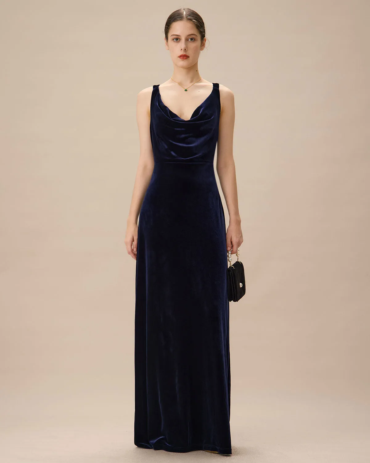 Navy Cowl Neck Velvet Maxi Dress