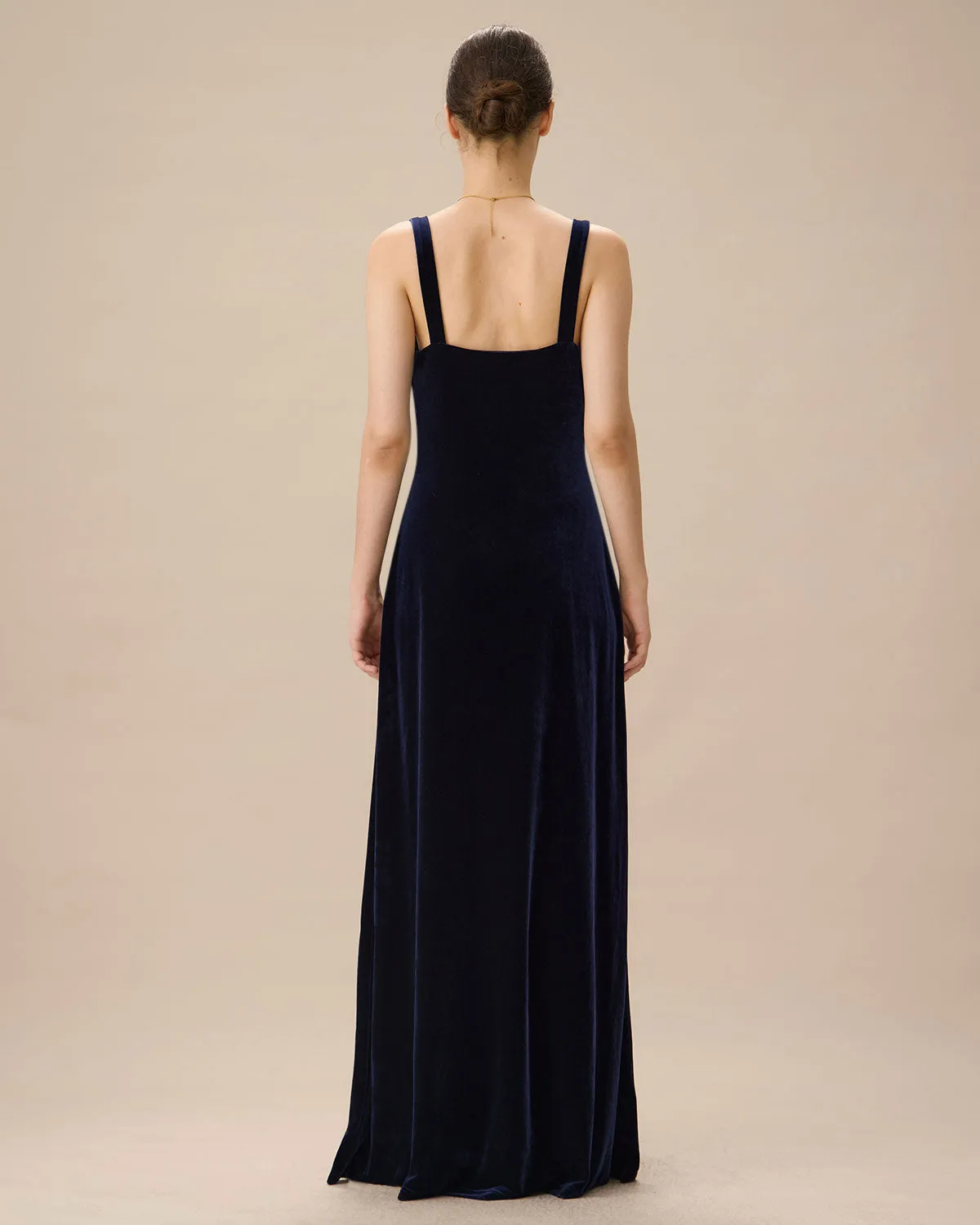 Navy Cowl Neck Velvet Maxi Dress