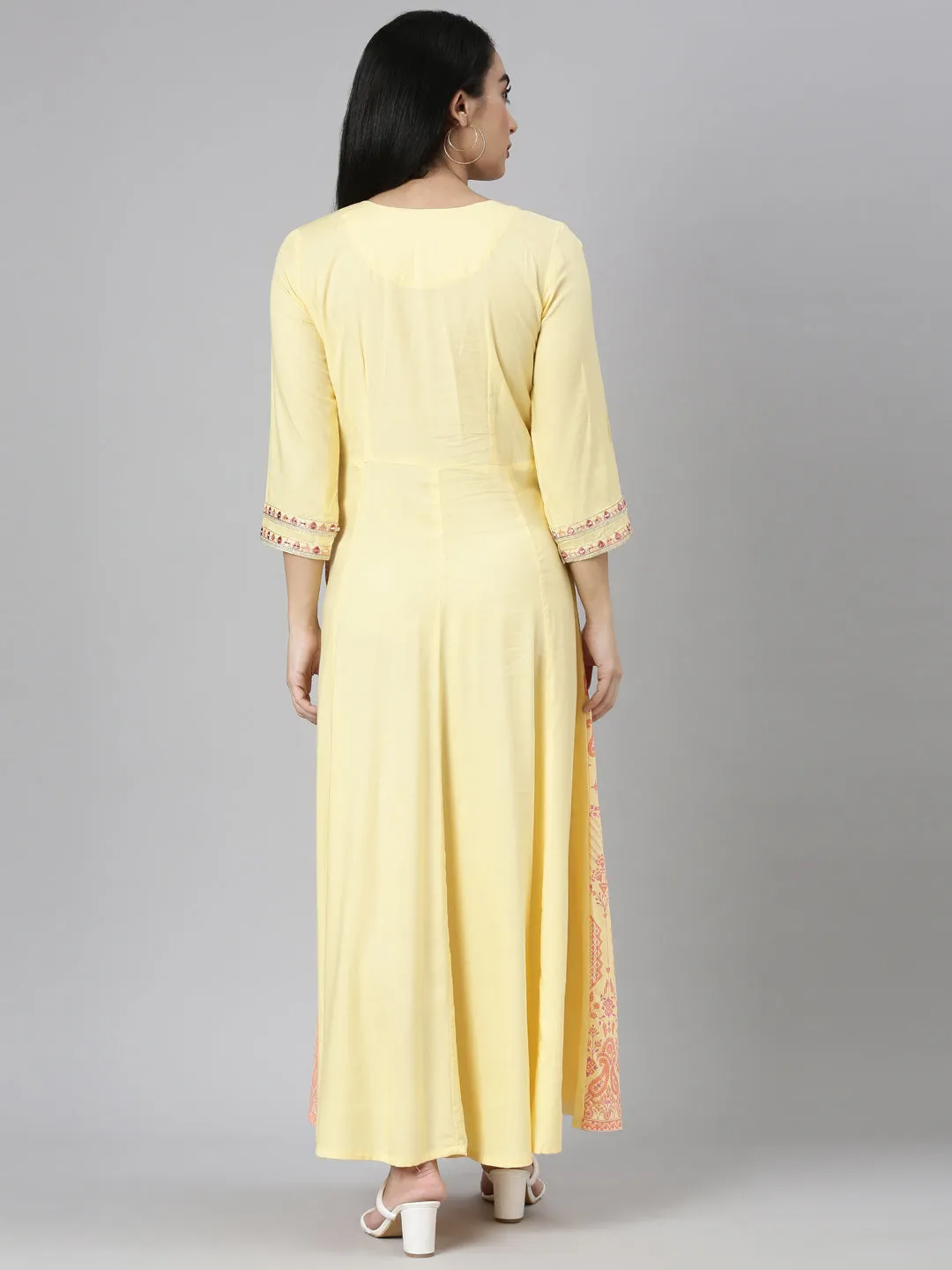 Neerus Yellow Straight Casual Ethnic Motifs Maxi Dresses