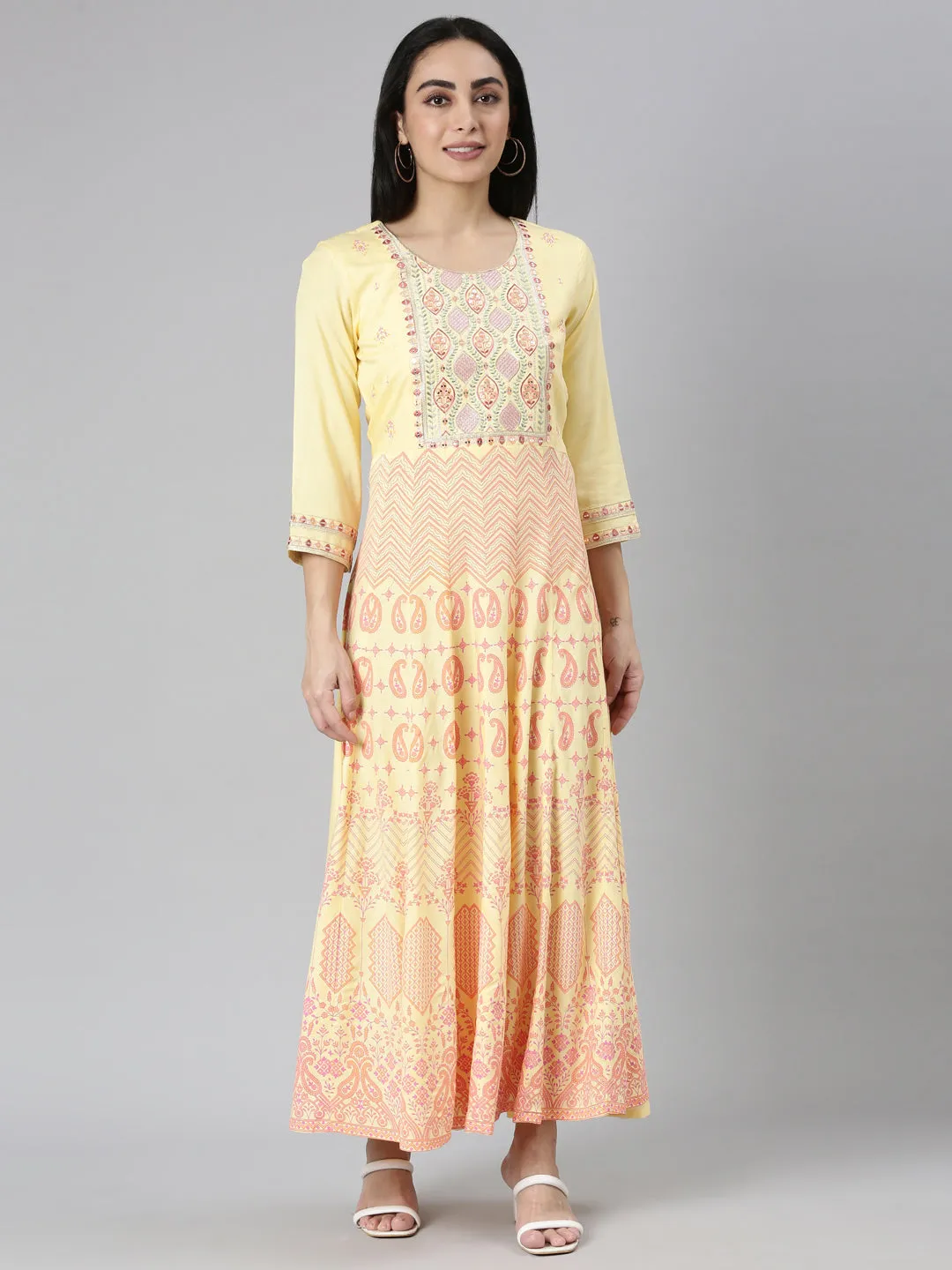 Neerus Yellow Straight Casual Ethnic Motifs Maxi Dresses