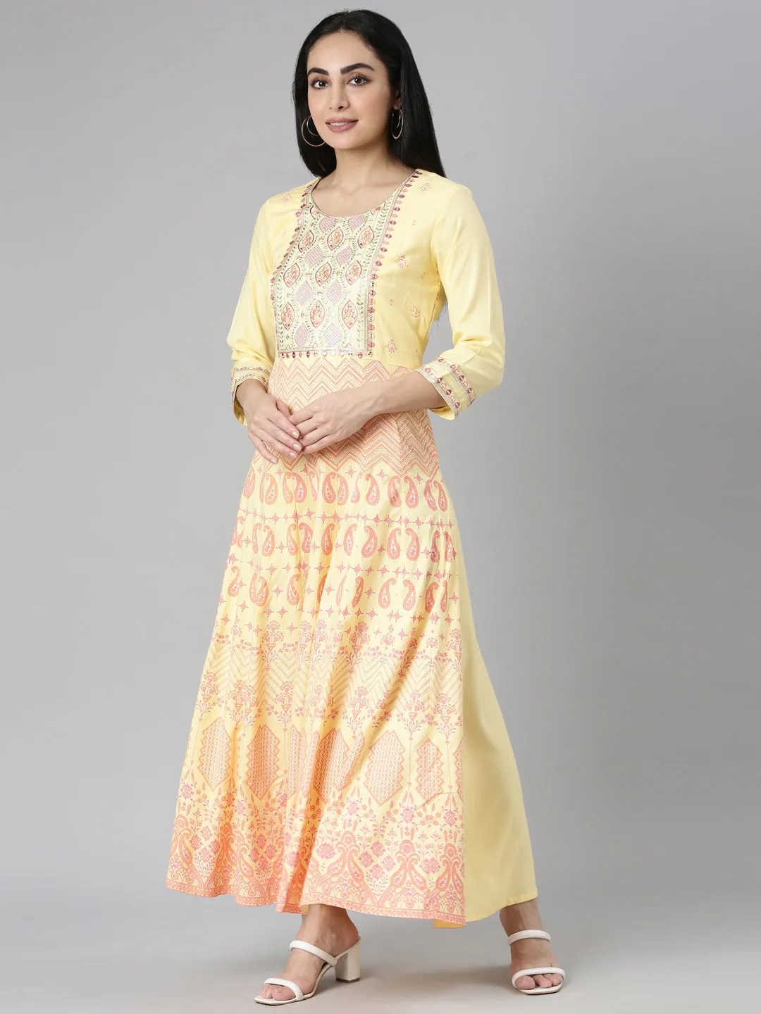 Neerus Yellow Straight Casual Ethnic Motifs Maxi Dresses