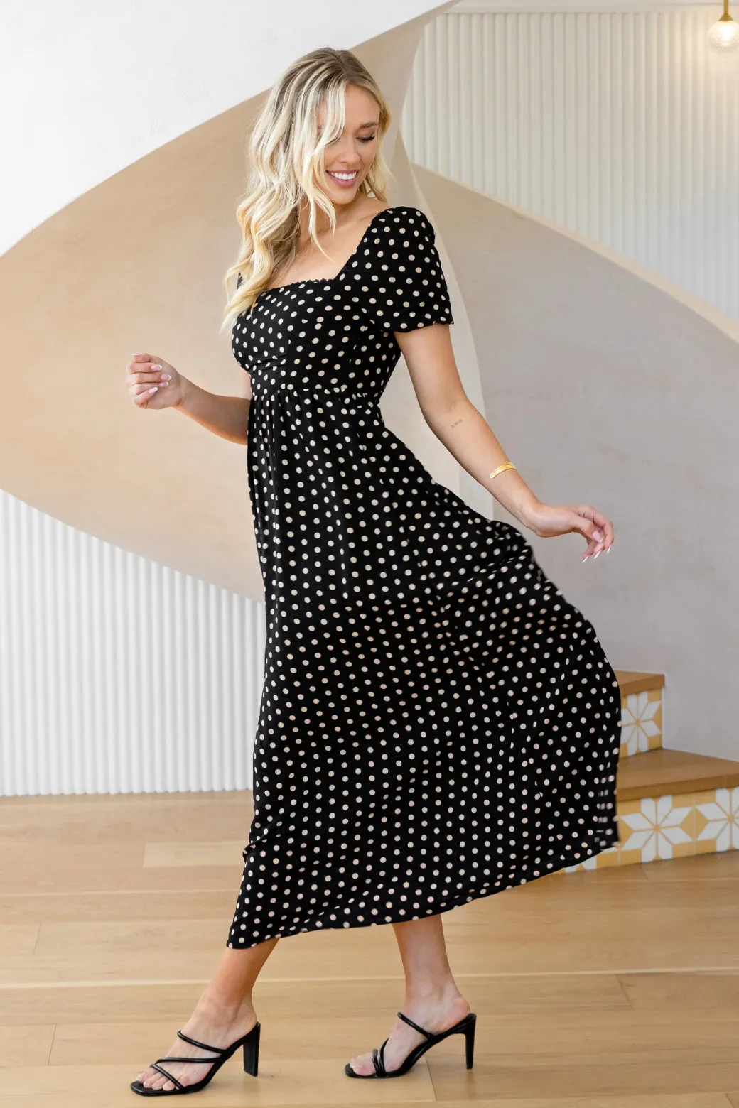 Nell Square Neck Maxi Dress Black Tan Spot