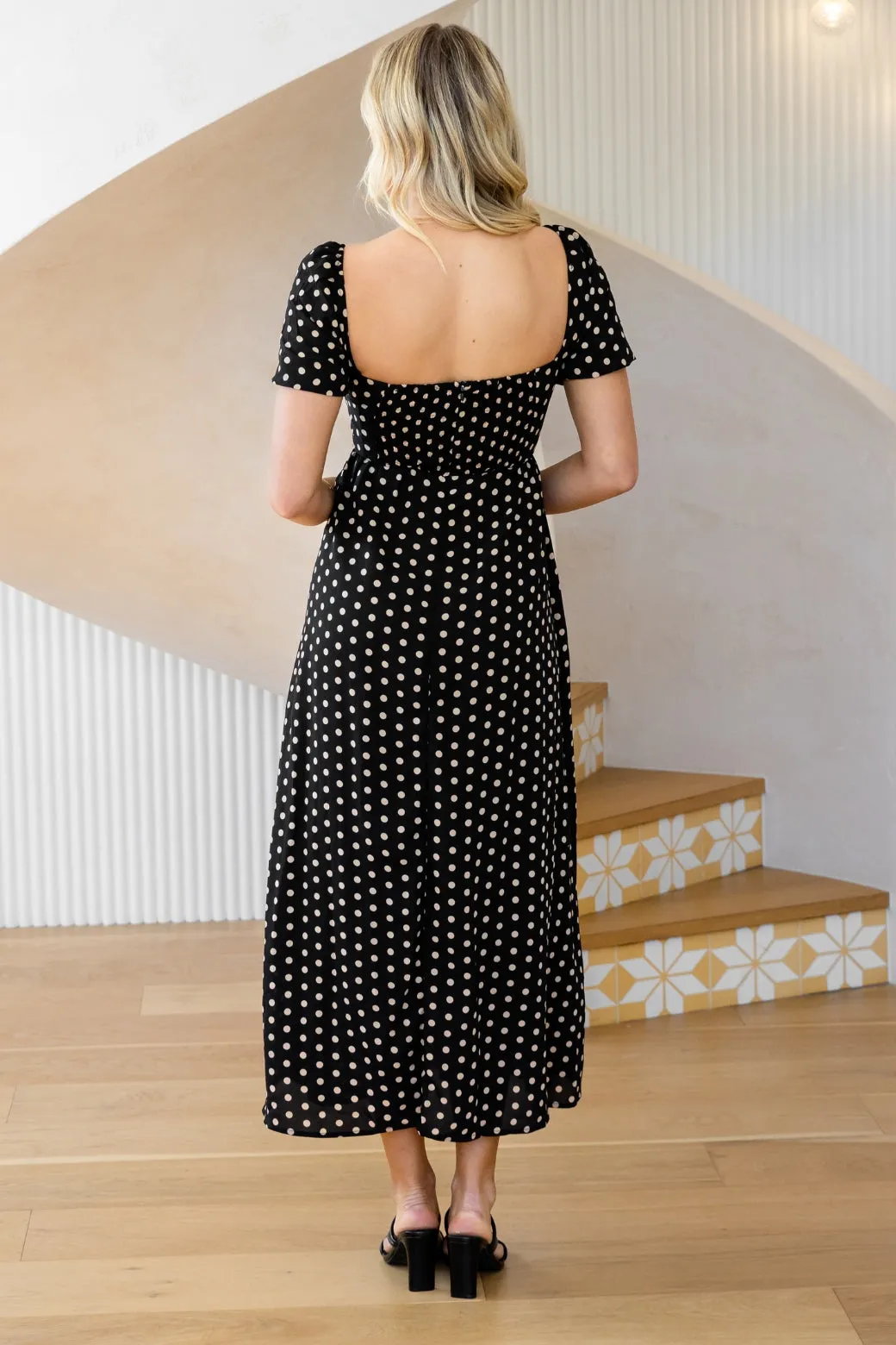 Nell Square Neck Maxi Dress Black Tan Spot