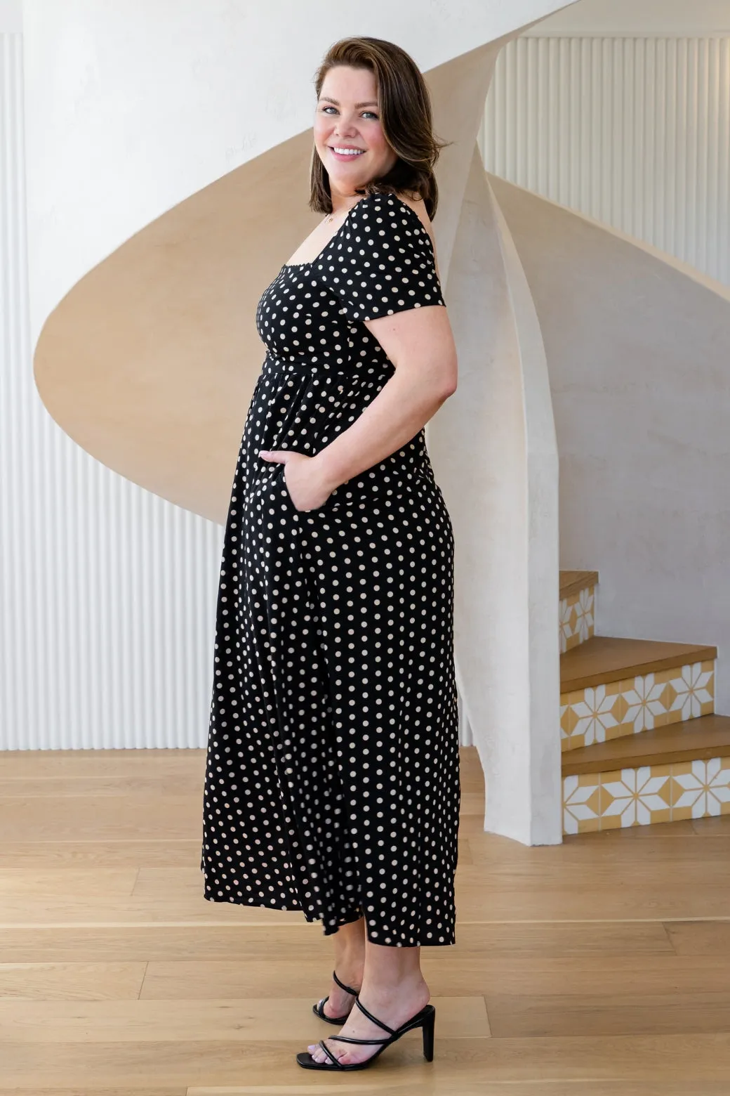 Nell Square Neck Maxi Dress Black Tan Spot