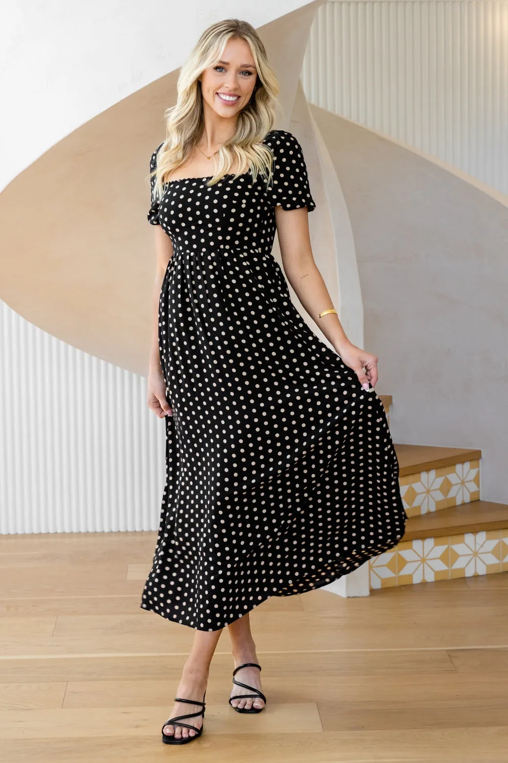 Nell Square Neck Maxi Dress Black Tan Spot