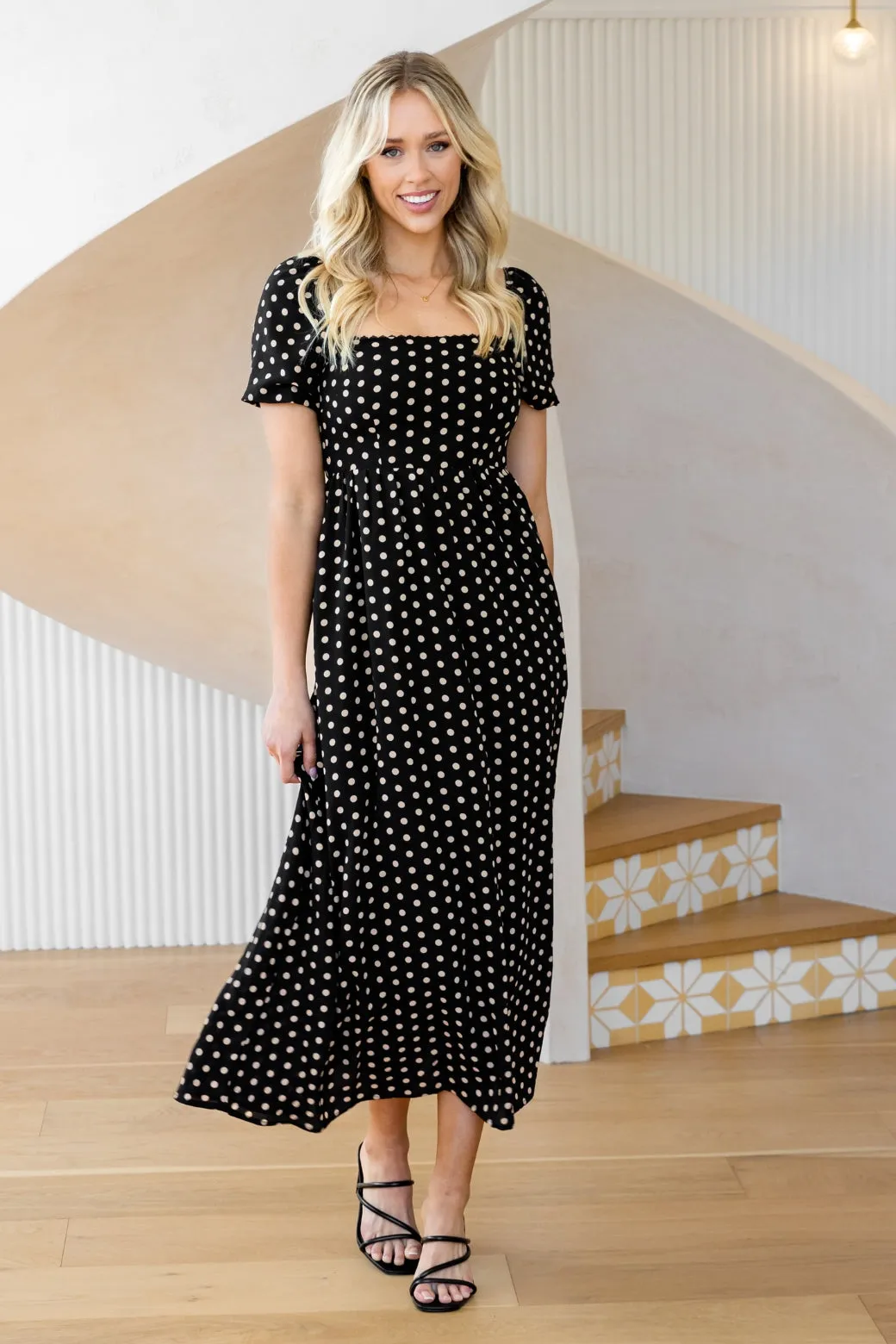 Nell Square Neck Maxi Dress Black Tan Spot