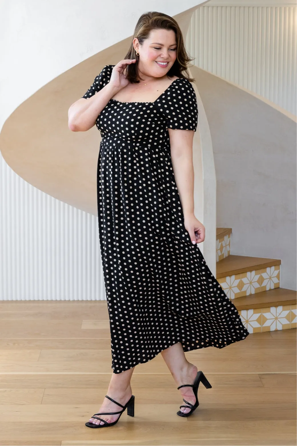 Nell Square Neck Maxi Dress Black Tan Spot