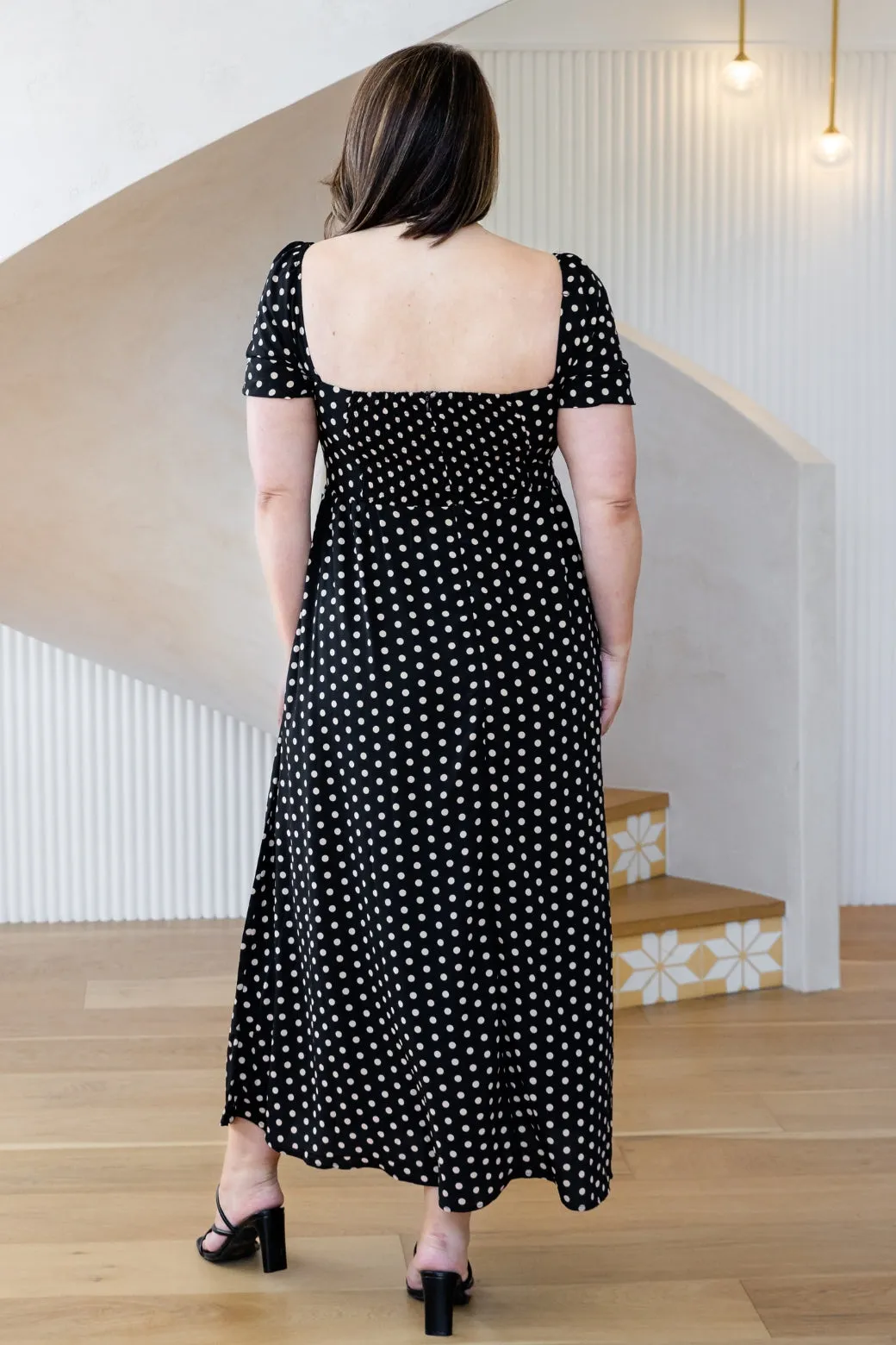 Nell Square Neck Maxi Dress Black Tan Spot