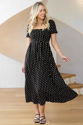 Nell Square Neck Maxi Dress Black Tan Spot