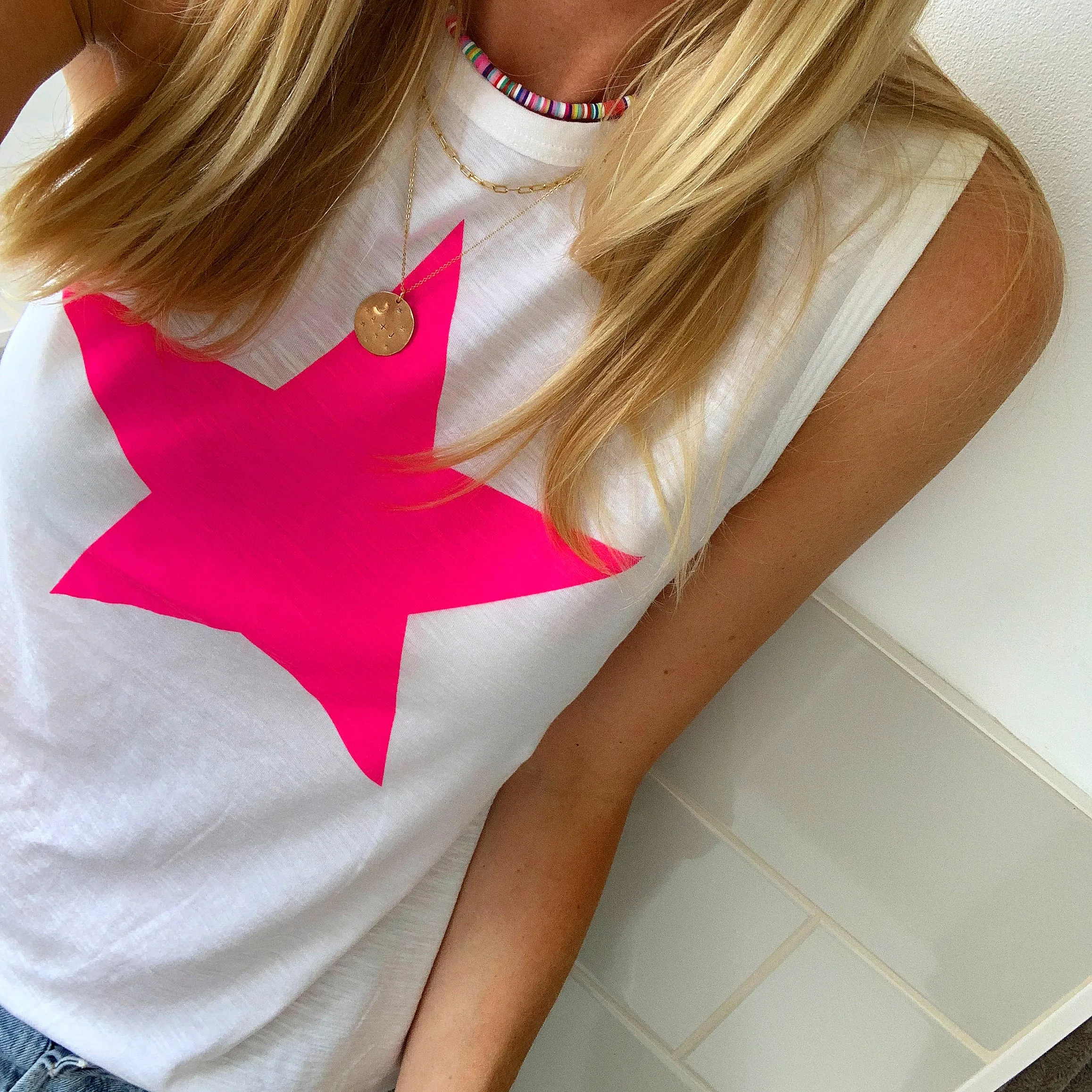 Neon pink star  tank top *NEW*