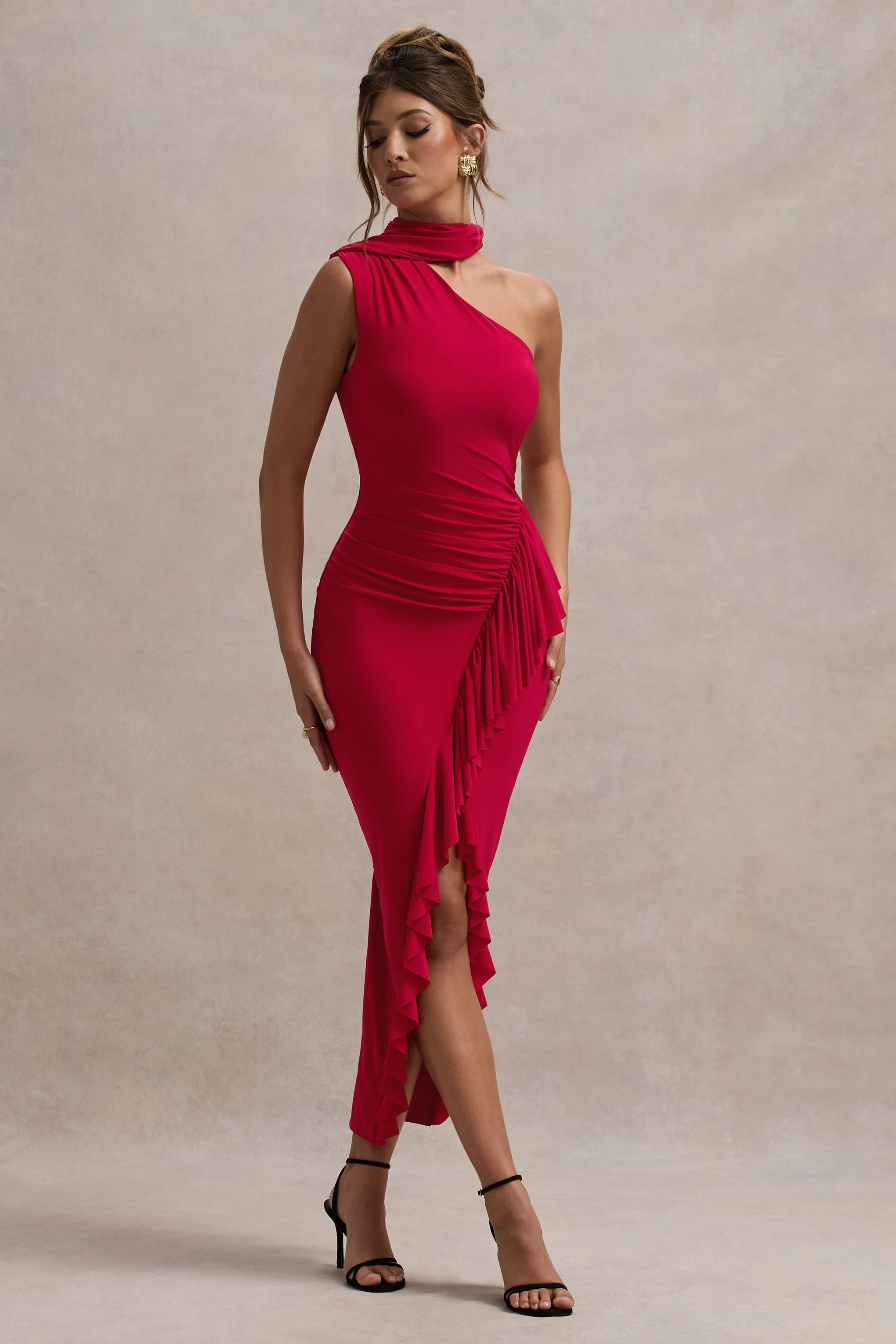 Nevaeh | Red Asymmetric High-Neck Ruffle Split Maxi Dress