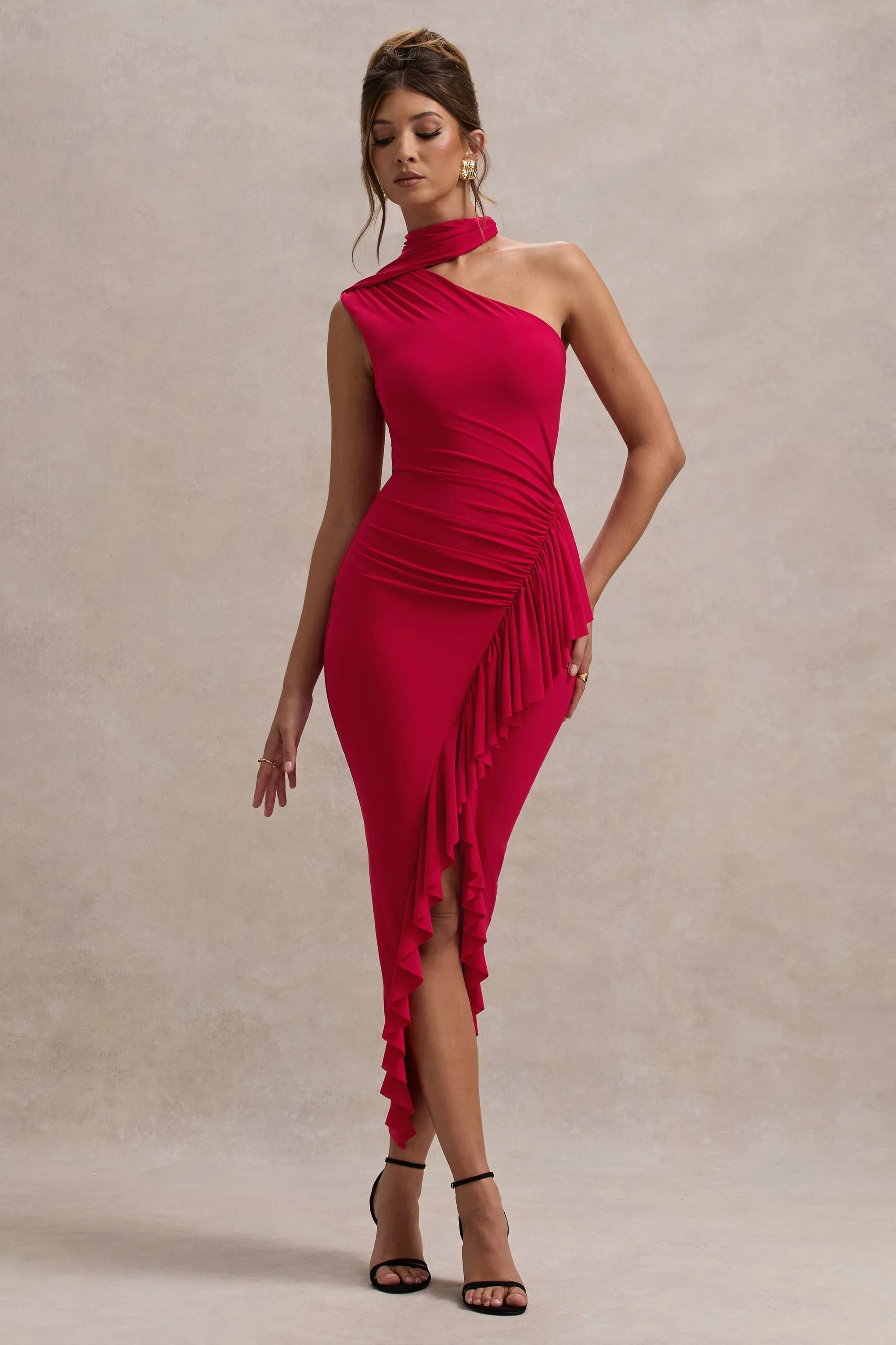 Nevaeh | Red Asymmetric High-Neck Ruffle Split Maxi Dress