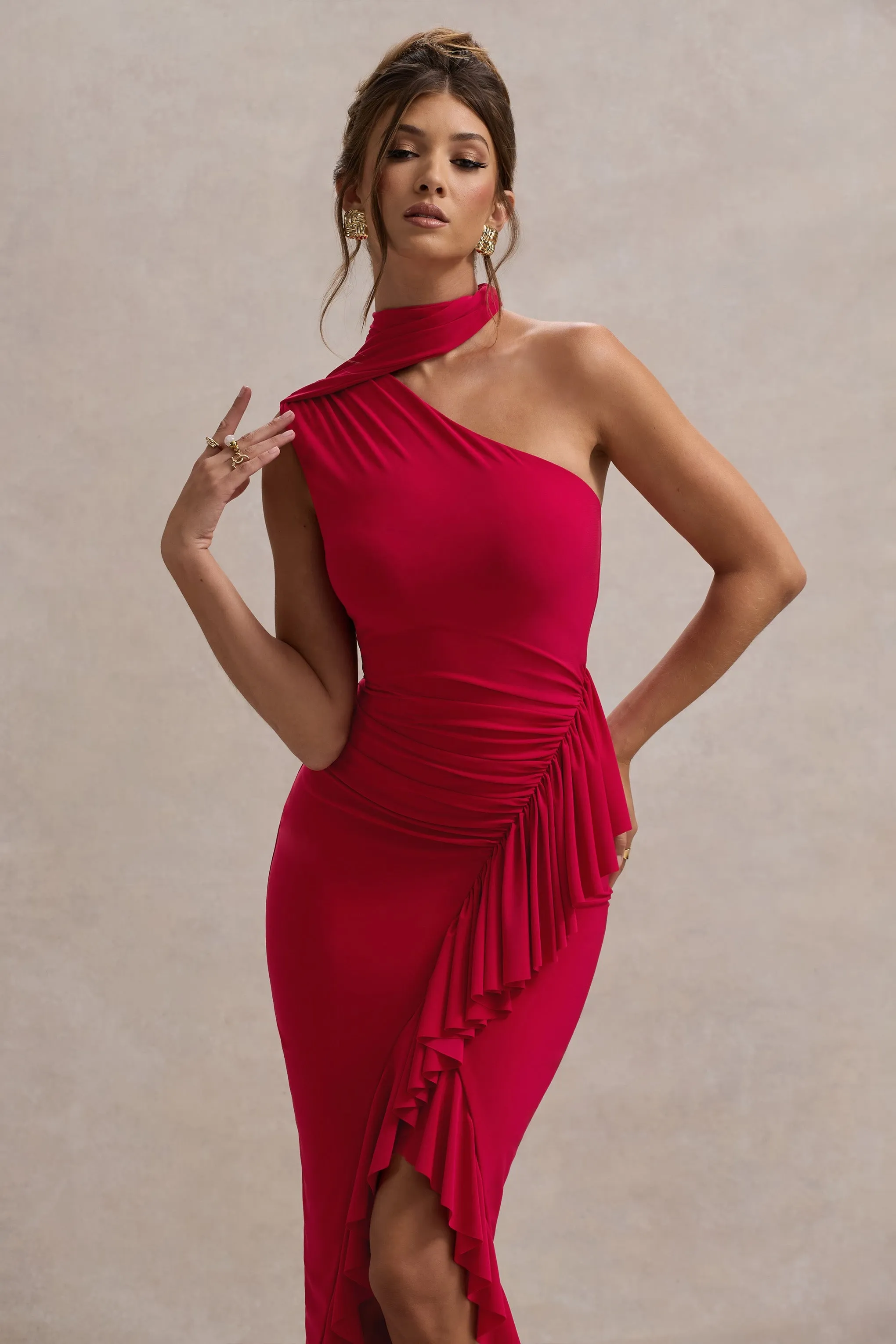 Nevaeh | Red Asymmetric High-Neck Ruffle Split Maxi Dress