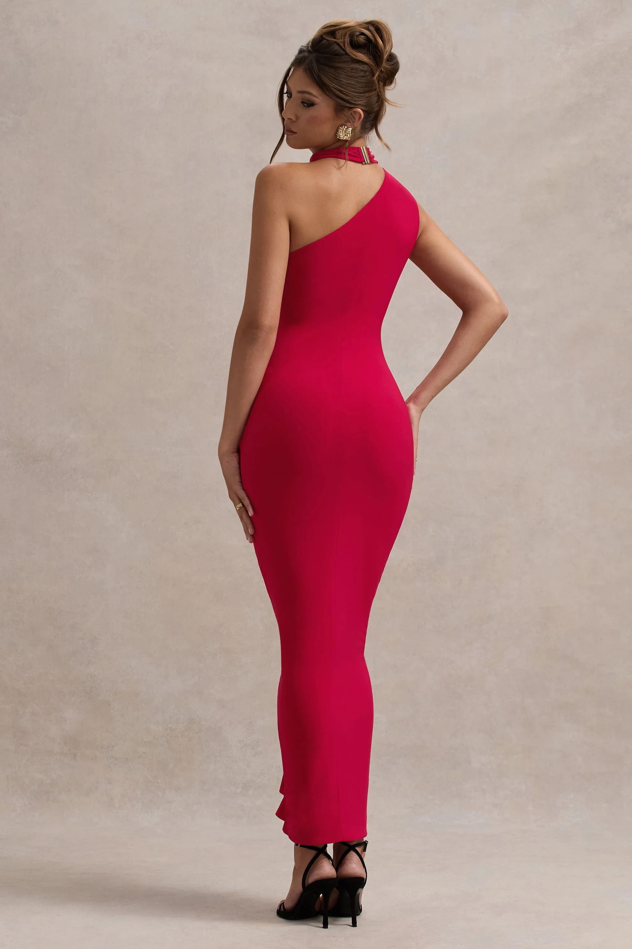 Nevaeh | Red Asymmetric High-Neck Ruffle Split Maxi Dress